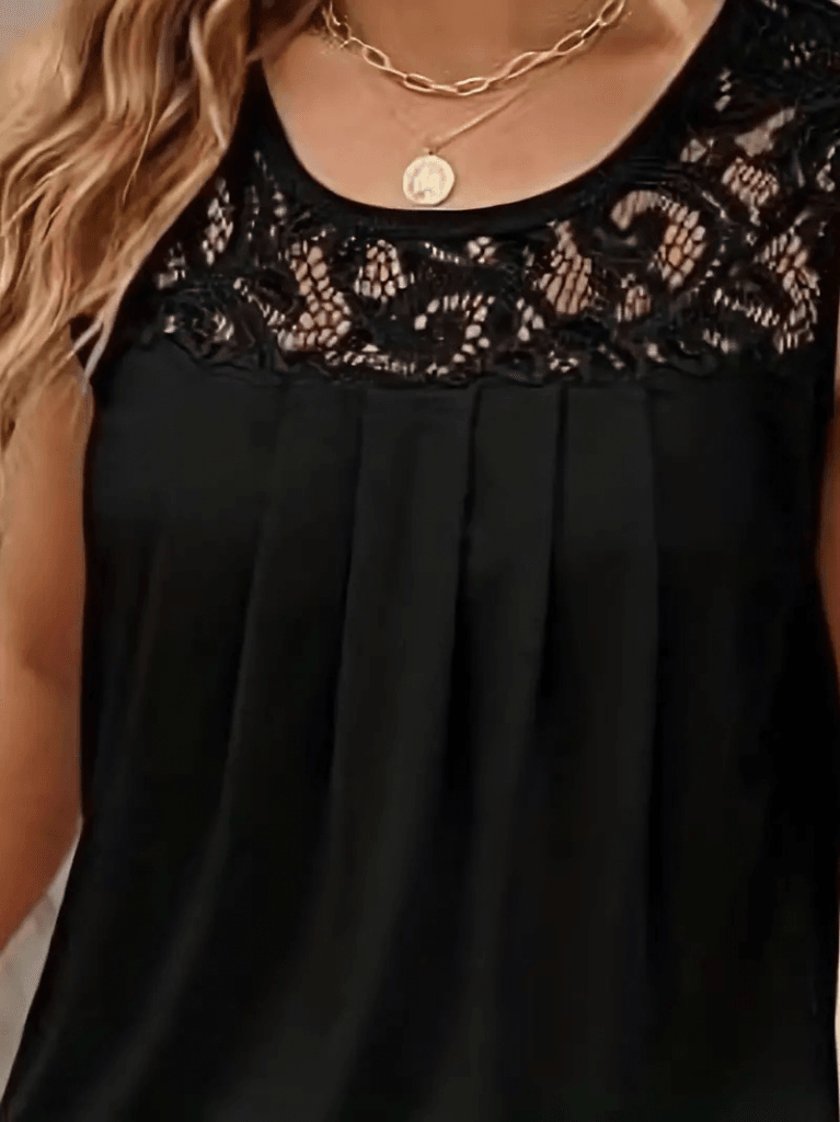 Women's Black Sleeveless Round Neck Lace Detail Viscose Blouse - Janes - by Peralane - photo 2