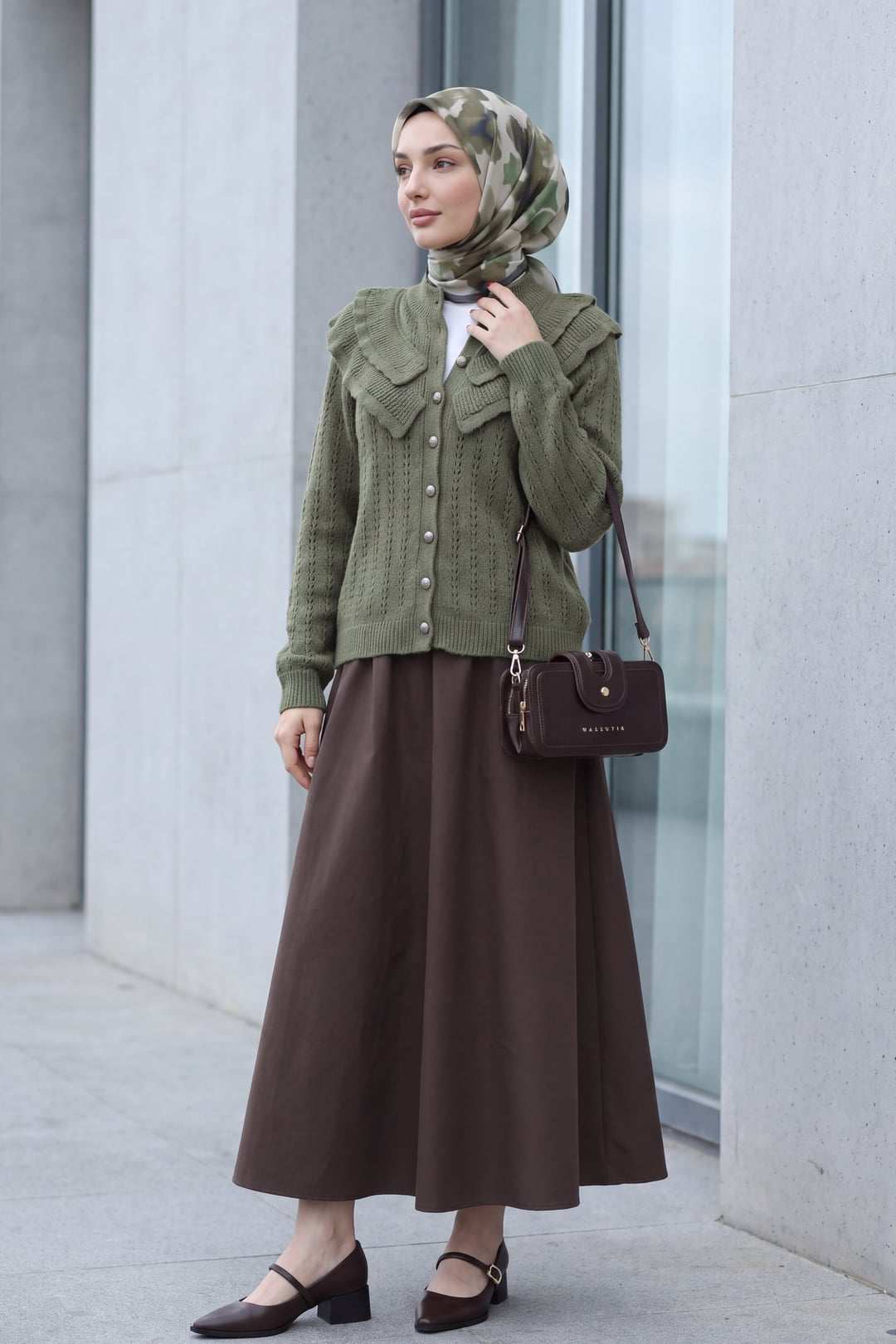 Ruffled Collar Openwork Button Front Knit Cardigan - Khaki - Podyumplus - by Peralane - photo 4