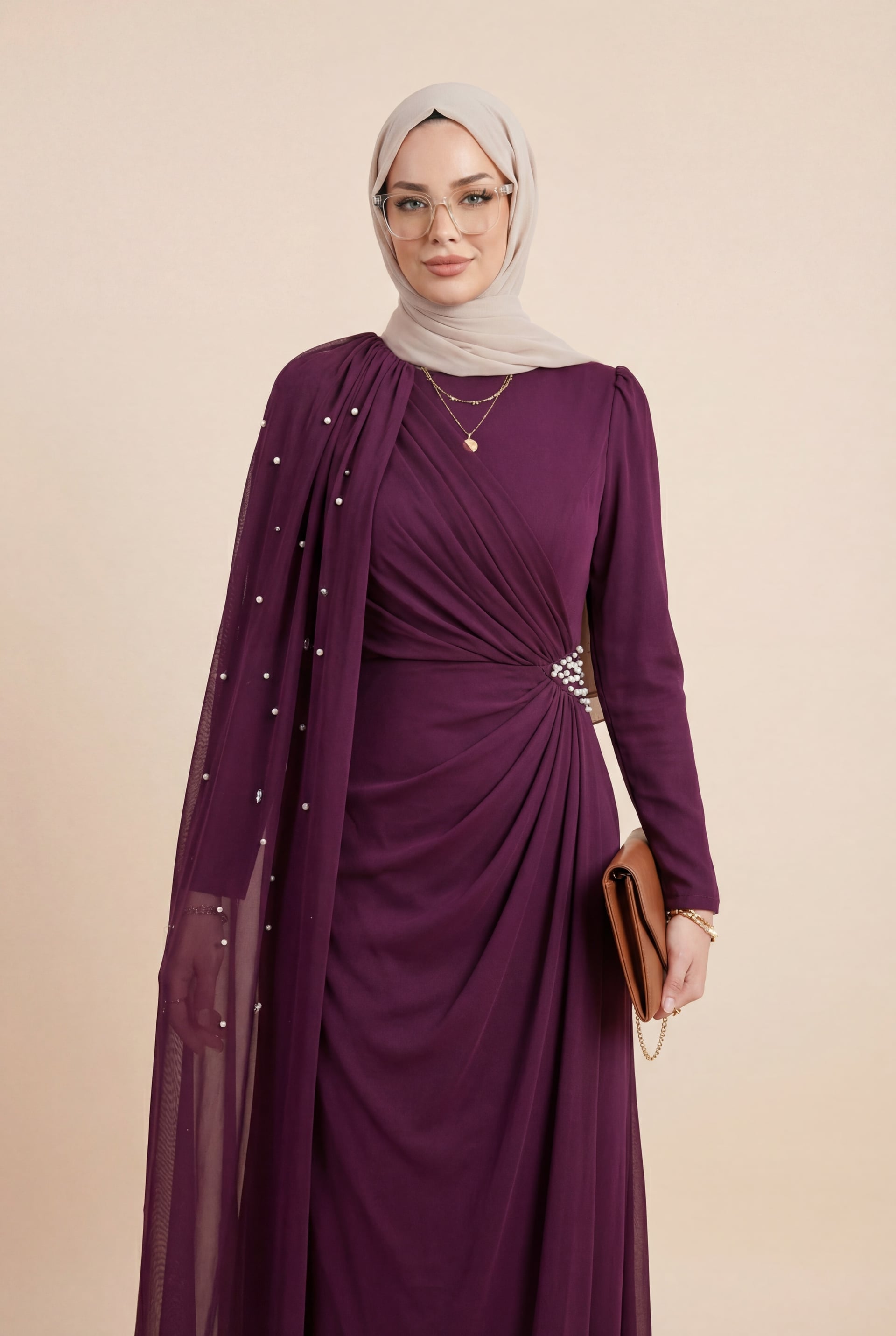 Pearl Detail Tulle Capelet High Collar Evening Dress in Plum - Podyumplus - by Peralane - photo 2