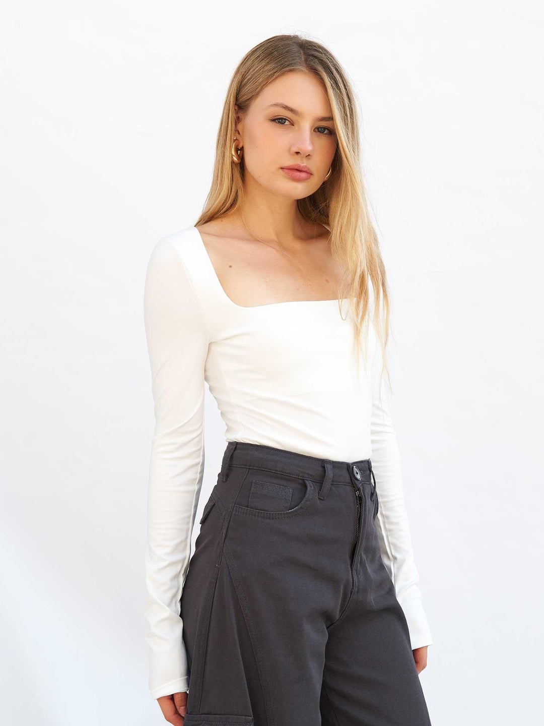 Square Neck Long Sleeve Ribbed T-Shirt - Ecru - Lefon - by Peralane