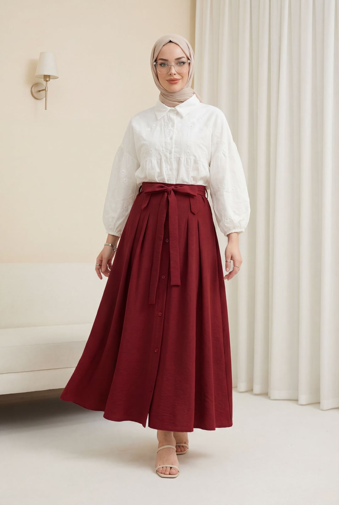 Elastic Cuff Scalloped Semi-Transparent Linen Look Shirt - White - Podyumplus - by Peralane - photo 3