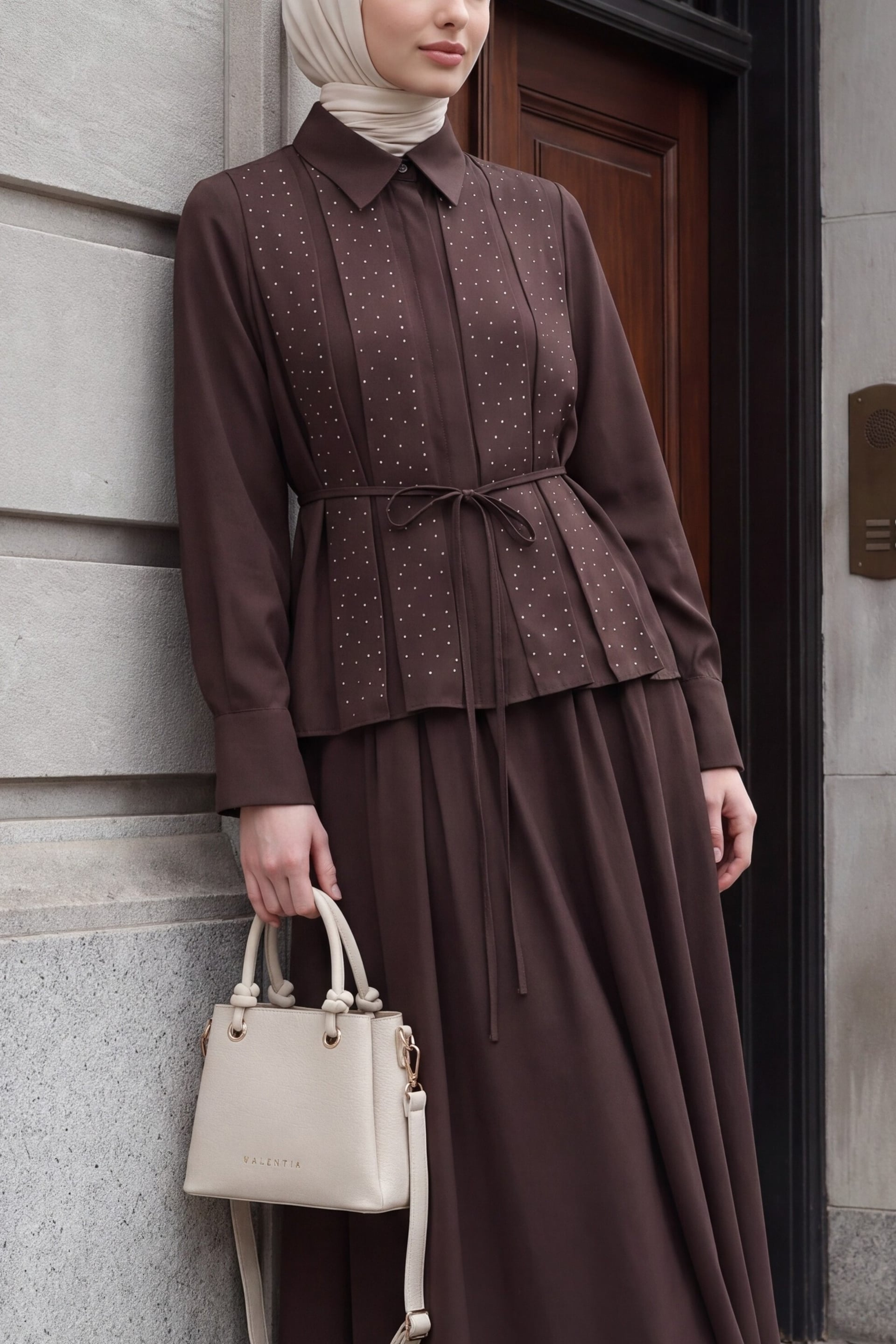 Women's Brown Ribbed Stone Detail Laced Shirt and Skirt Two-Piece Modal Set - Podyumplus - by Peralane