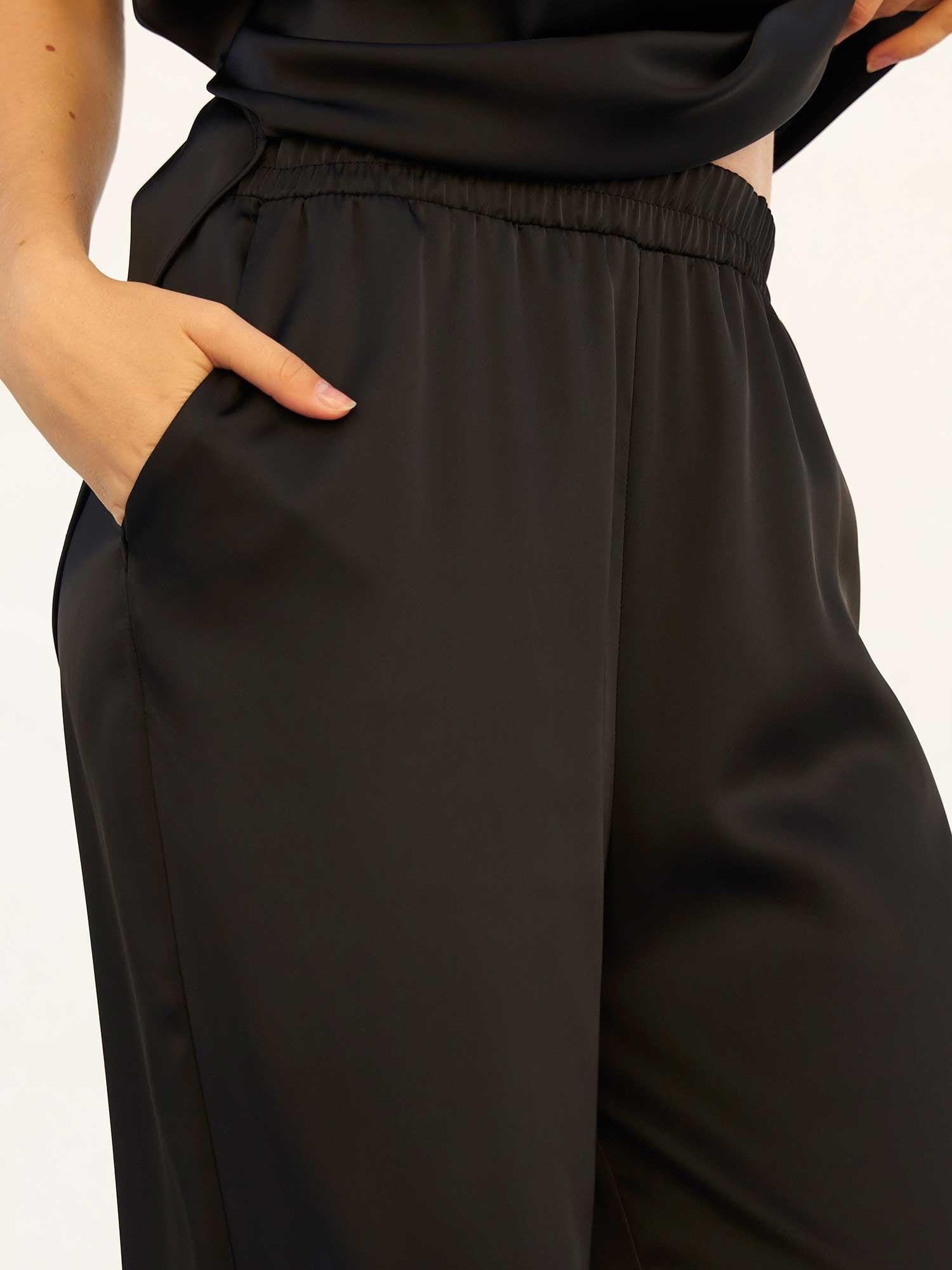 Black Lace-Trimmed Asymmetric Satin Blouse and Wide-Leg Trousers Set - Lefon - by Peralane - photo 7