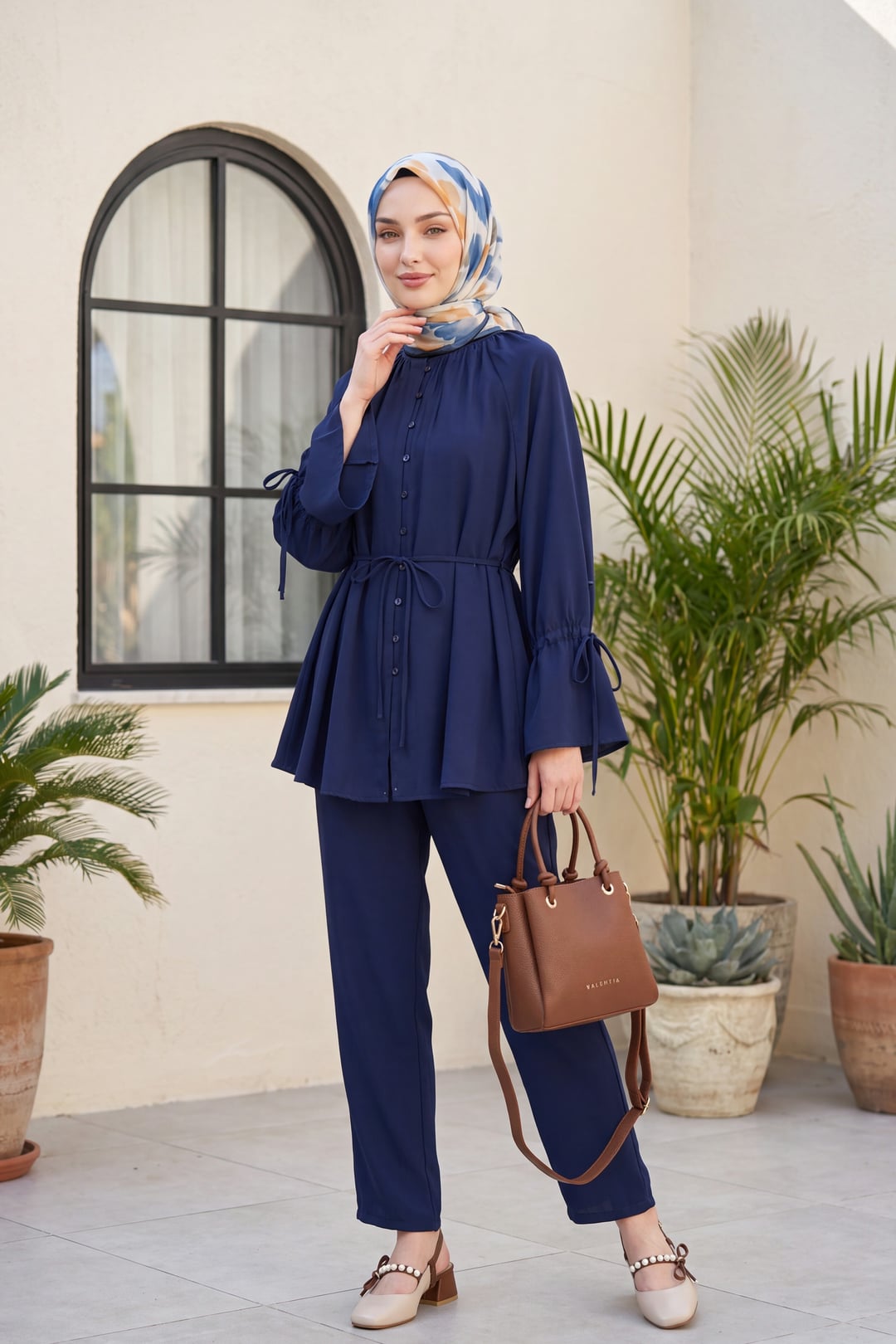 Navy Blue Modest Two-Piece Set with Drawstring Waist and Lace-Up Sleeves - Podyumplus - by Peralane - photo 2