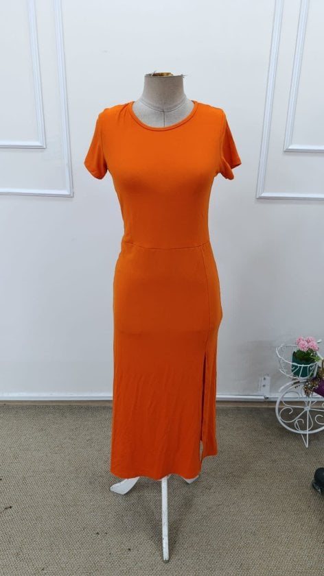 Women's Orange Midi Dress with Side Slit, Short Sleeves - Janes - by Peralane - photo 4