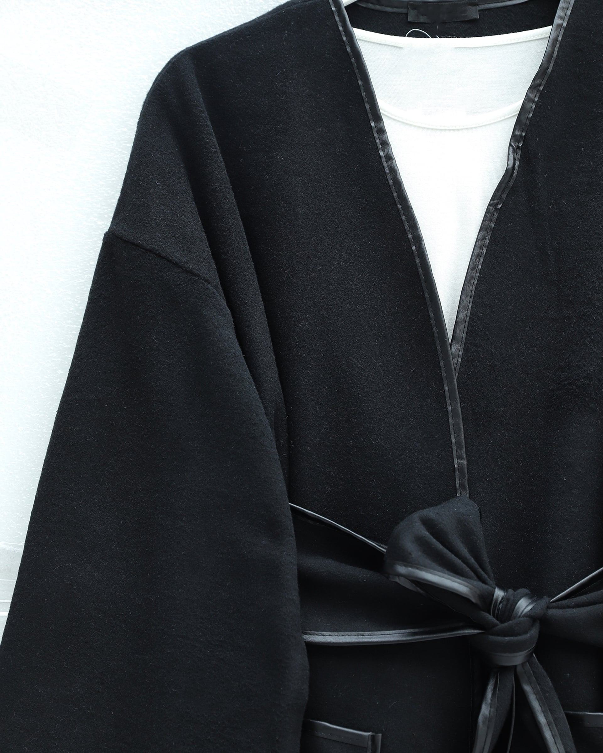 Black Faux Leather Trim Belted Cardigan with Pockets - Podyumplus - by Peralane - photo 5