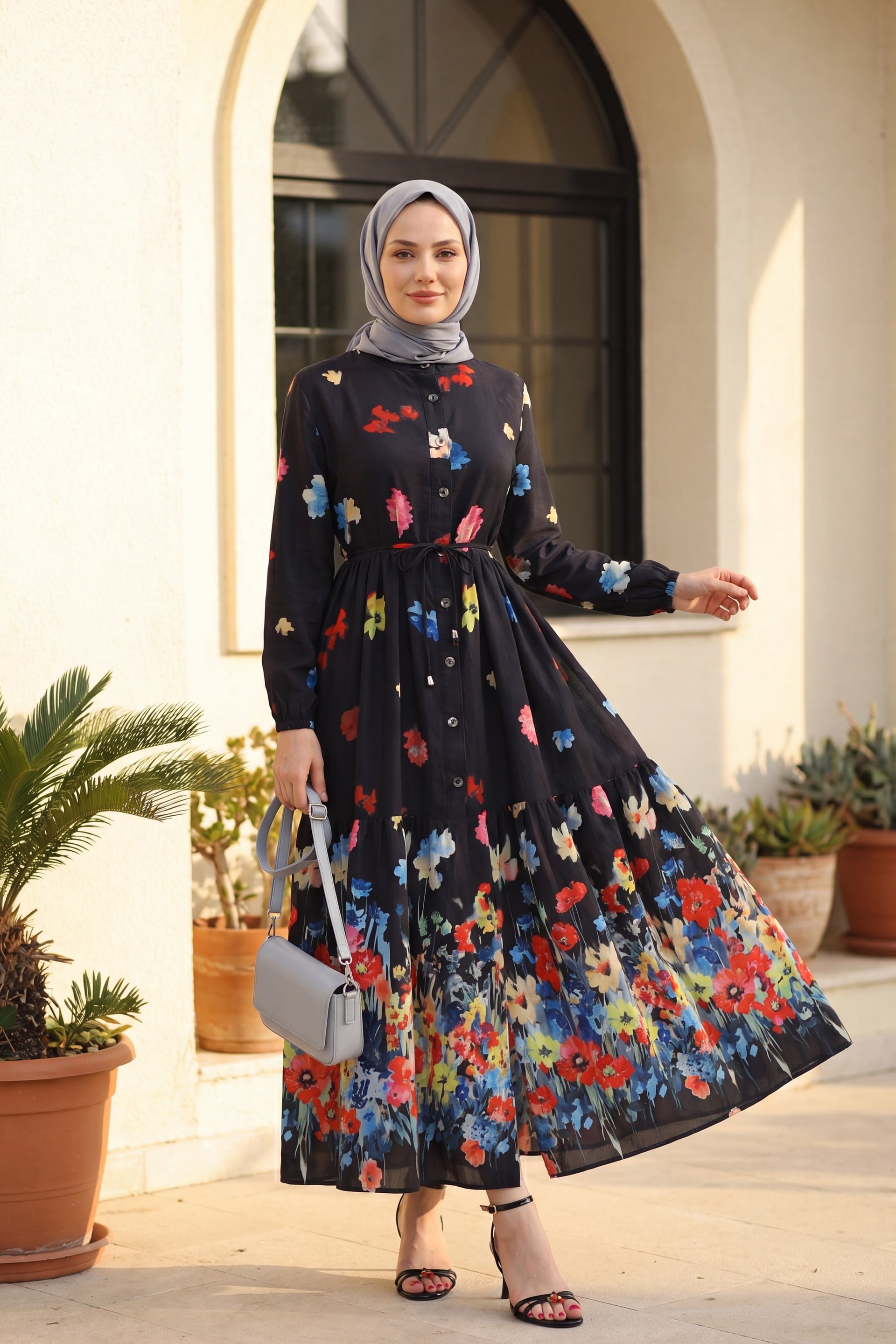 Floral Print Half-Button Tie-Waist Long-Sleeve Midi Dress in Dark Navy - Podyumplus - by Peralane - photo 2