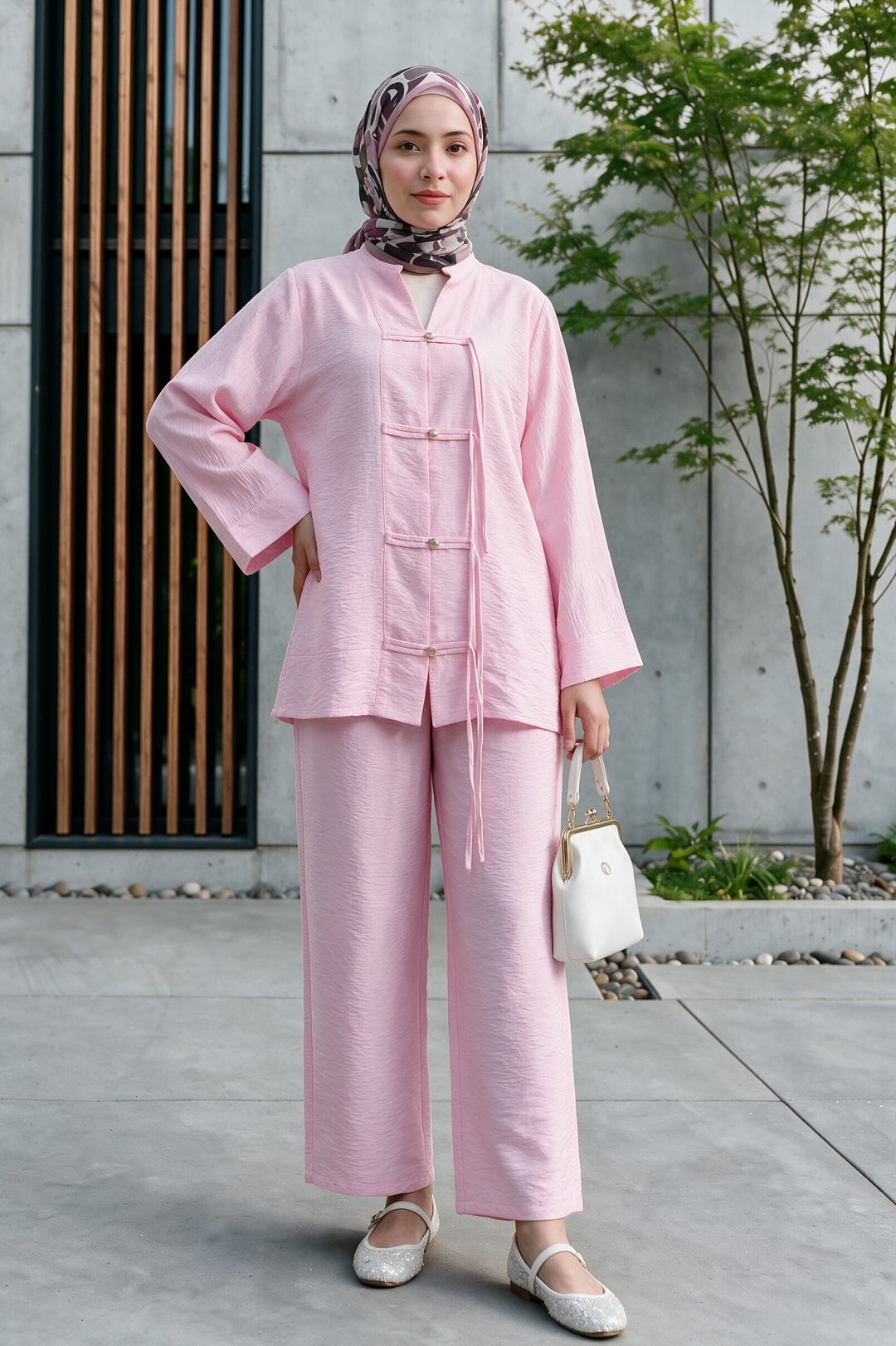 Pink Stone-Button Wide-Leg Tunic and Trousers Two-Piece Set - Podyumplus - by Peralane