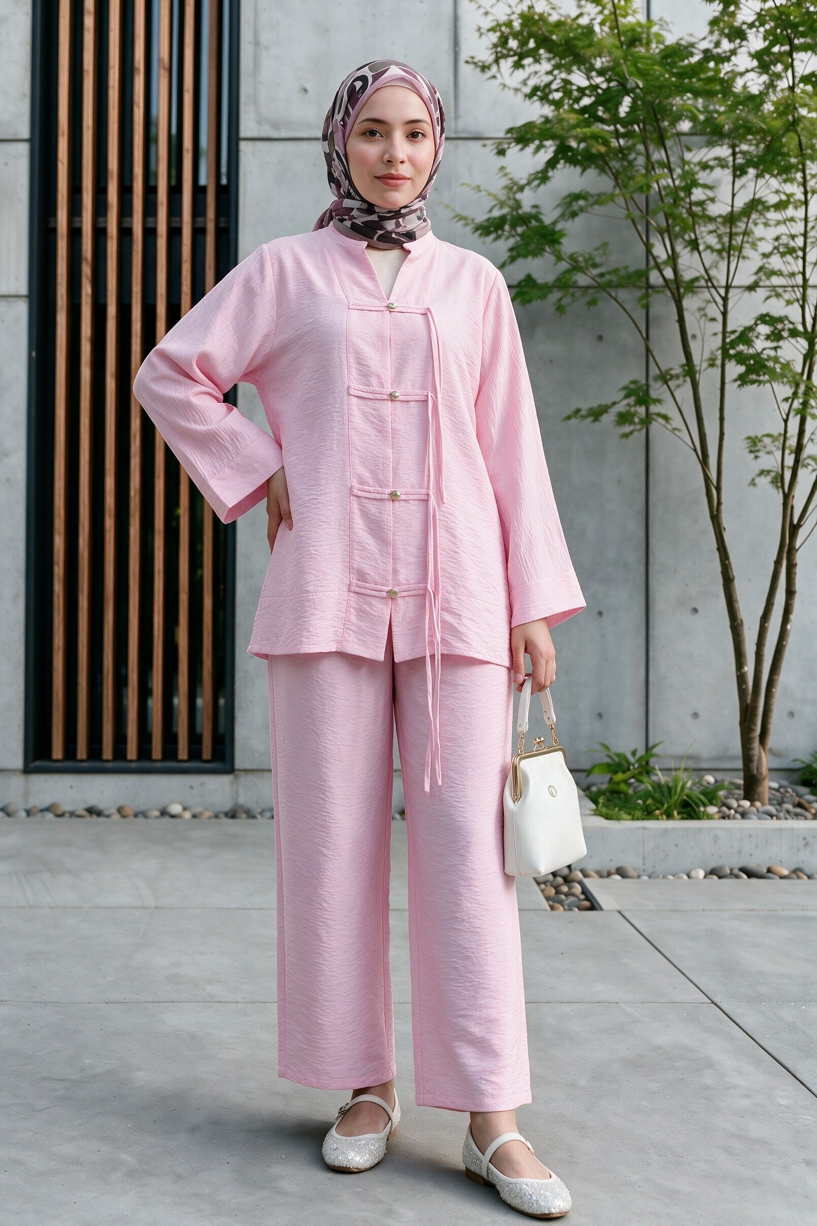 Pink Stone-Button Wide-Leg Tunic and Trousers Two-Piece Set - Podyumplus - by Peralane