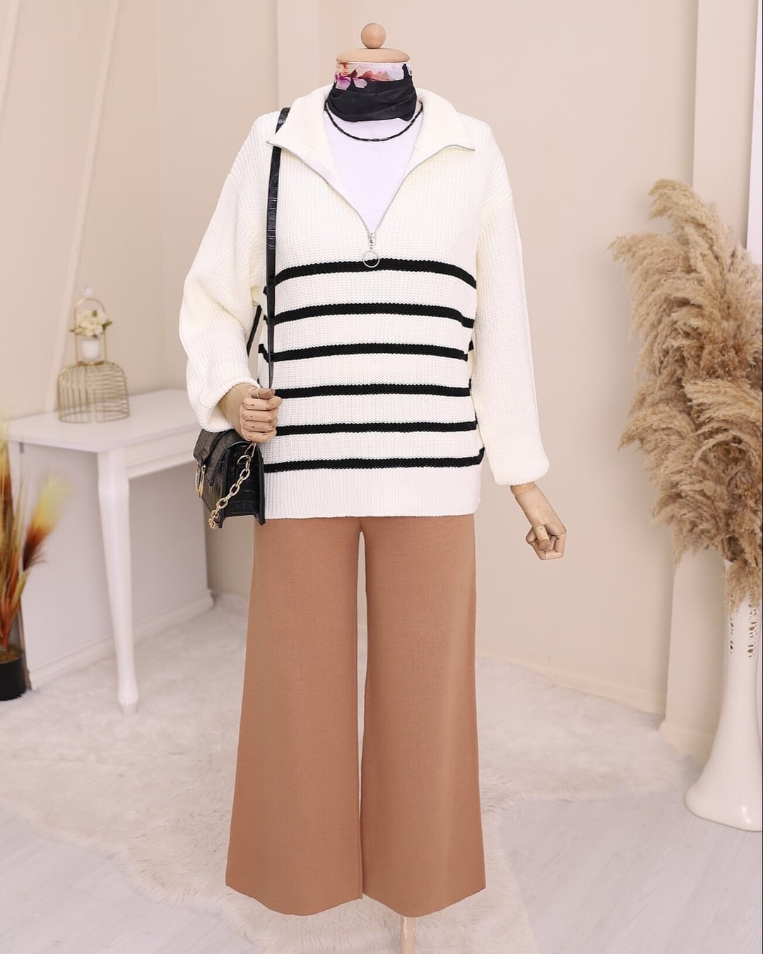 Half-Zip Striped Knit Sweater - Ecru - Podyumplus - by Peralane - photo 4