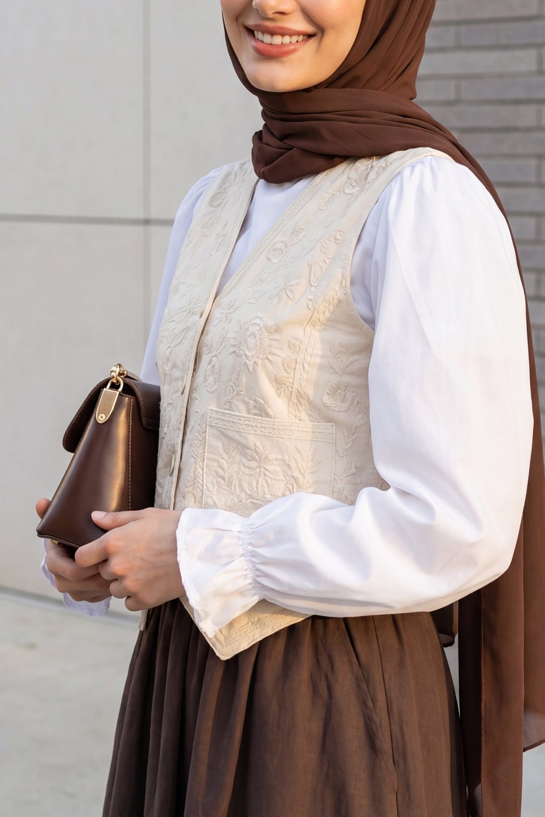 Double Pocket Button Embroidered Asymmetric Cut Linen Vest - Beige - Podyumplus - by Peralane - photo 2