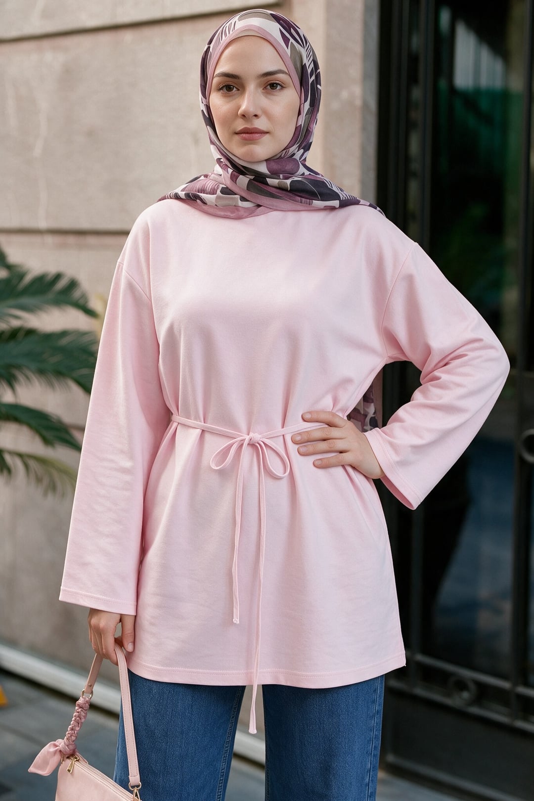 Round Neck Tie-Waist Jersey Tunic - Powder Pink - Podyumplus - by Peralane