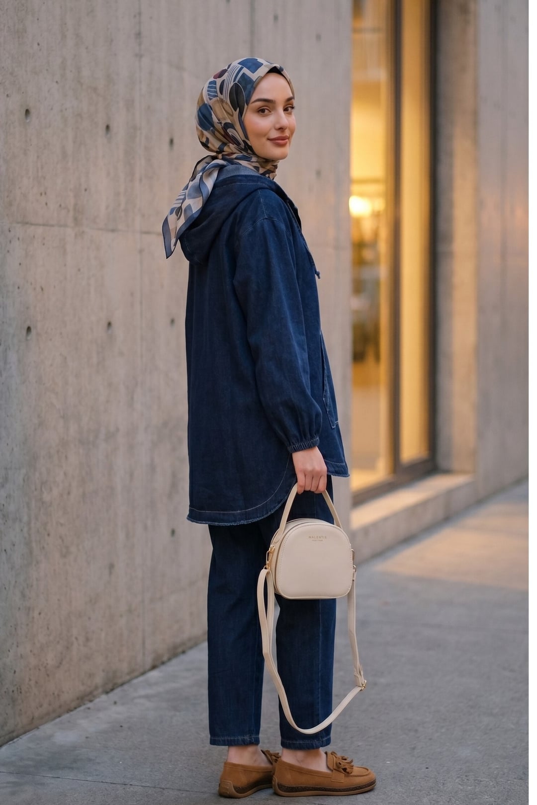 Hooded Snap-Front Denim Tracksuit with Kangaroo Pocket - Navy - Podyumplus - by Peralane - photo 3
