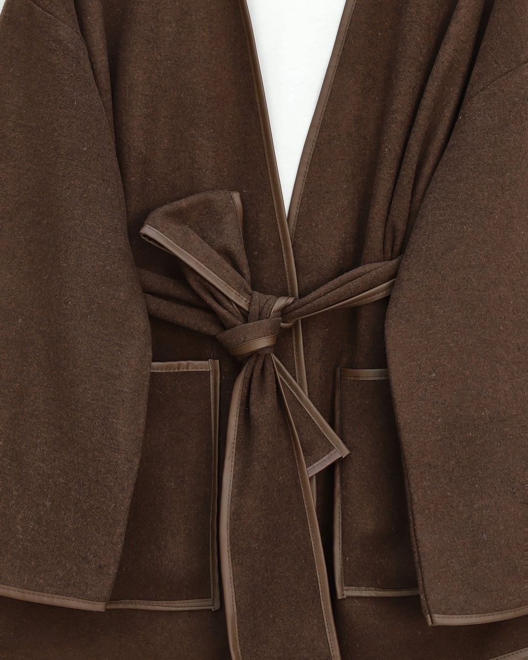 Bias Trim Double Pocket Belted Fleece Kimono - Brown - Podyumplus - by Peralane - photo 6