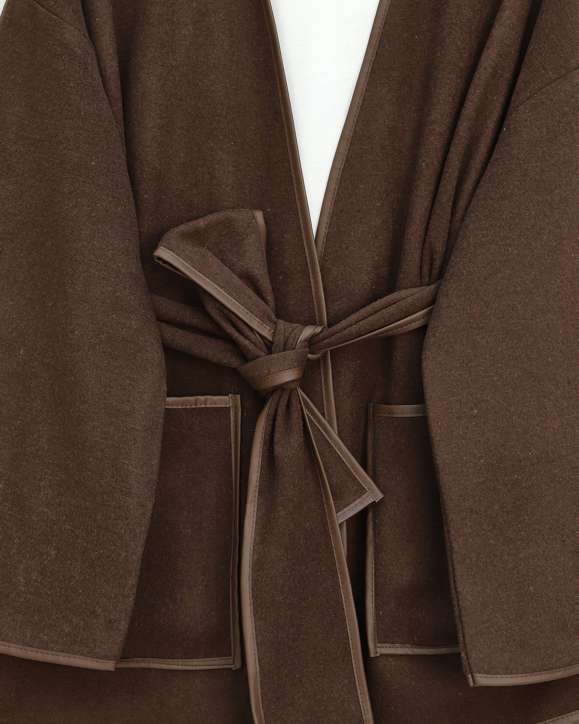 Bias Trim Double Pocket Belted Fleece Kimono - Brown - Podyumplus - by Peralane - photo 6