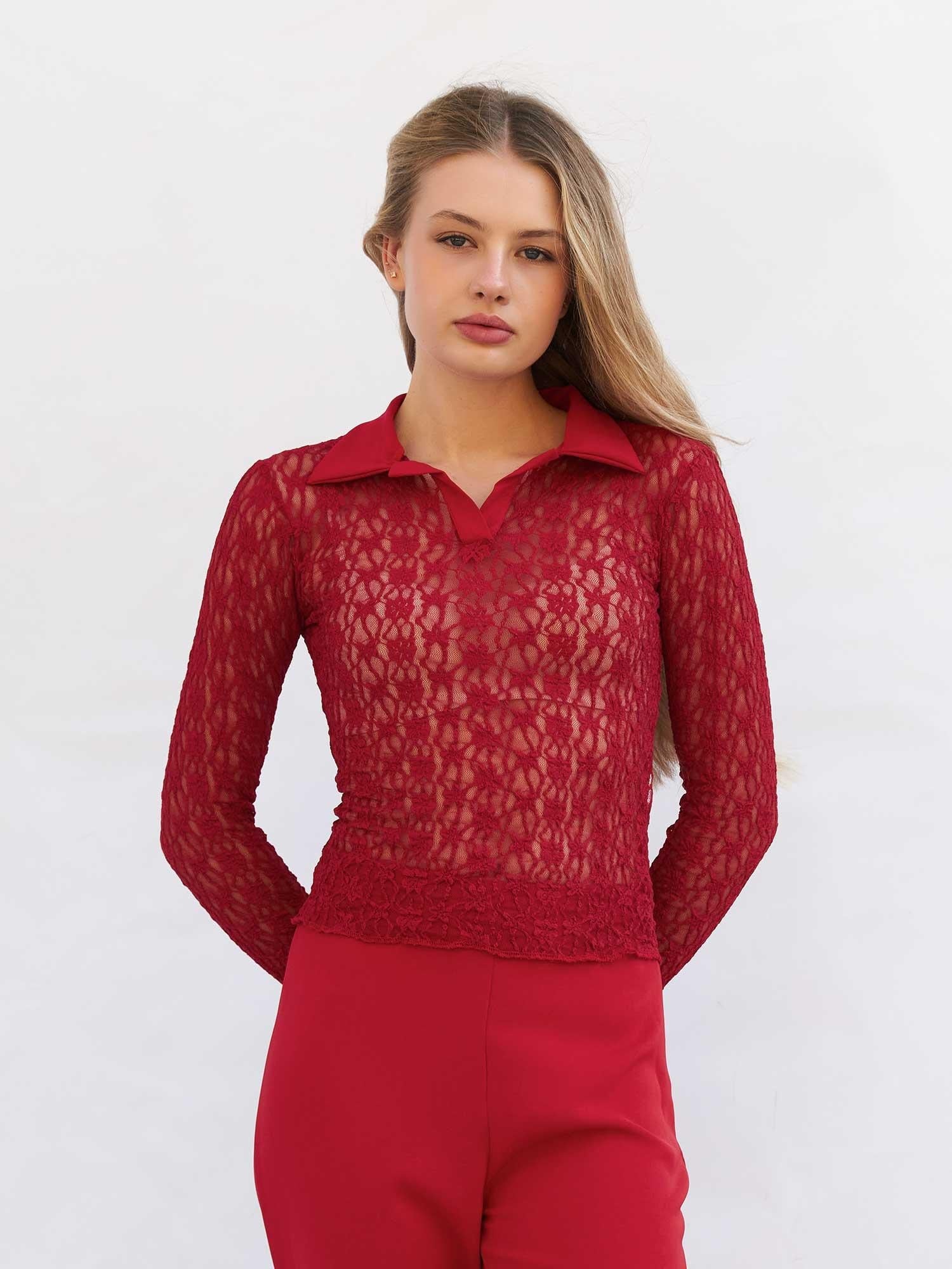 Red Sheer Lace Blouse with Floral Pattern and Pointed Collar - Lefon - by Peralane