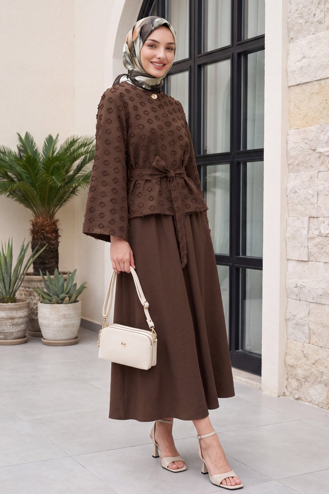 One-Button Belted Skirt Set with Pockets and Embossed Jacquard Pattern - Brown - Podyumplus - by Peralane