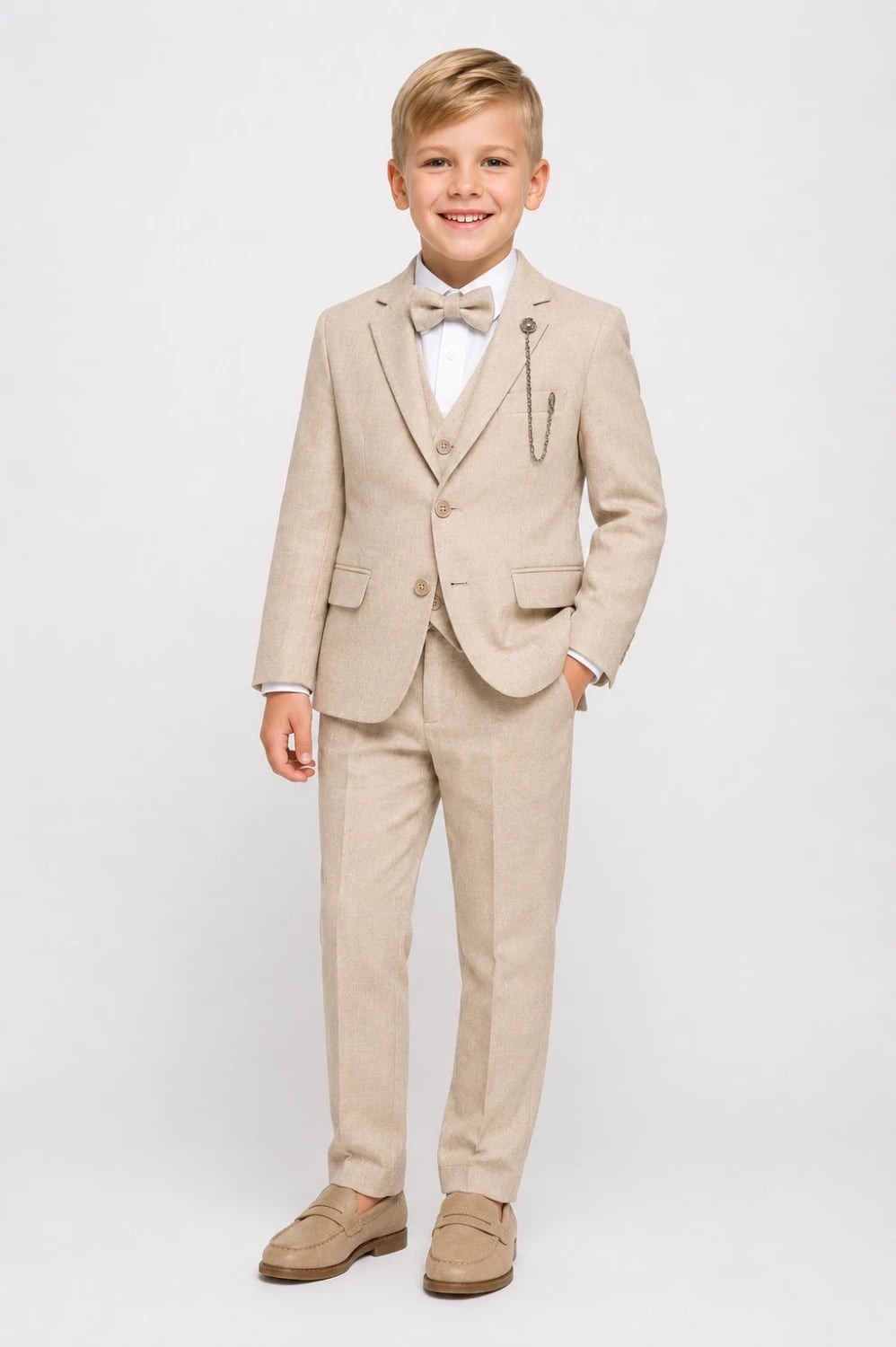 Beige Boys' 4-Piece Suit Set with Jacket, Waistcoat, Trousers and Bow Tie - Terry - by Peralane