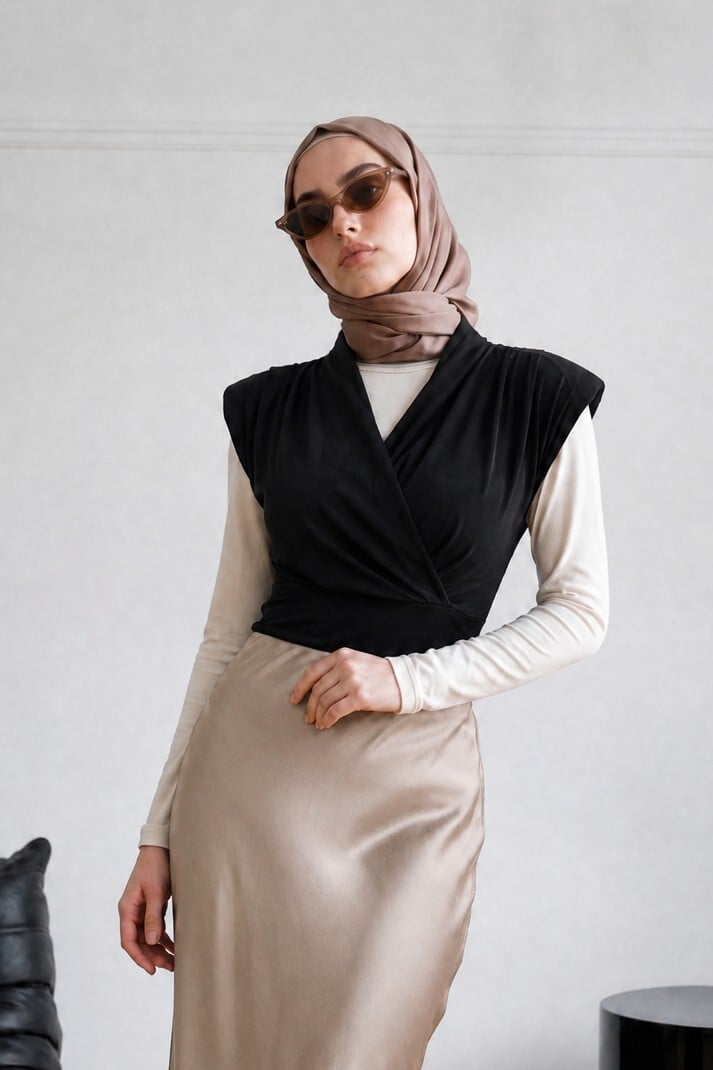 Sleeveless Padded Wrap Blouse with Long-Sleeved Tee - Black - Podyumplus - by Peralane - photo 6