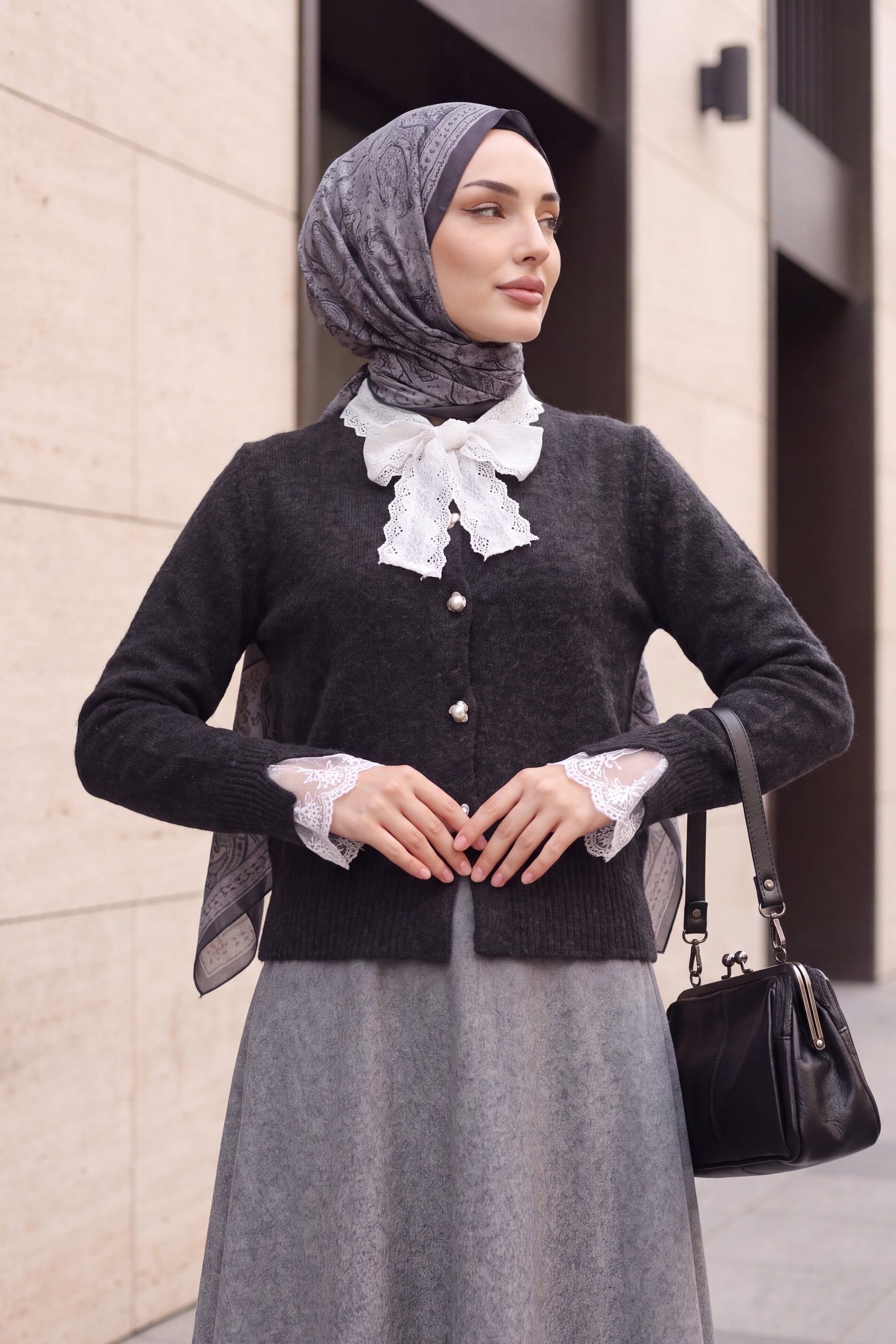 Fular Tie Detail Tulle Accent Cardigan - Anthracite - Podyumplus - by Peralane - photo 2