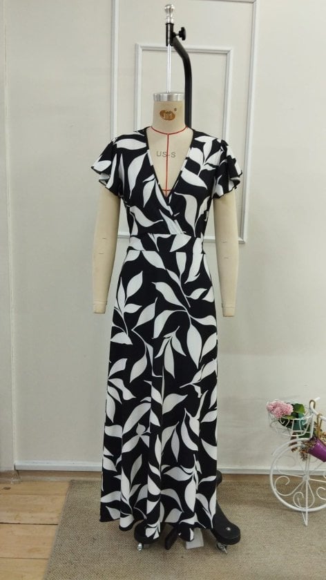 Women's Short Sleeve Wrap Collar Patterned Long Jersey Dress - Janes - by Peralane - photo 4