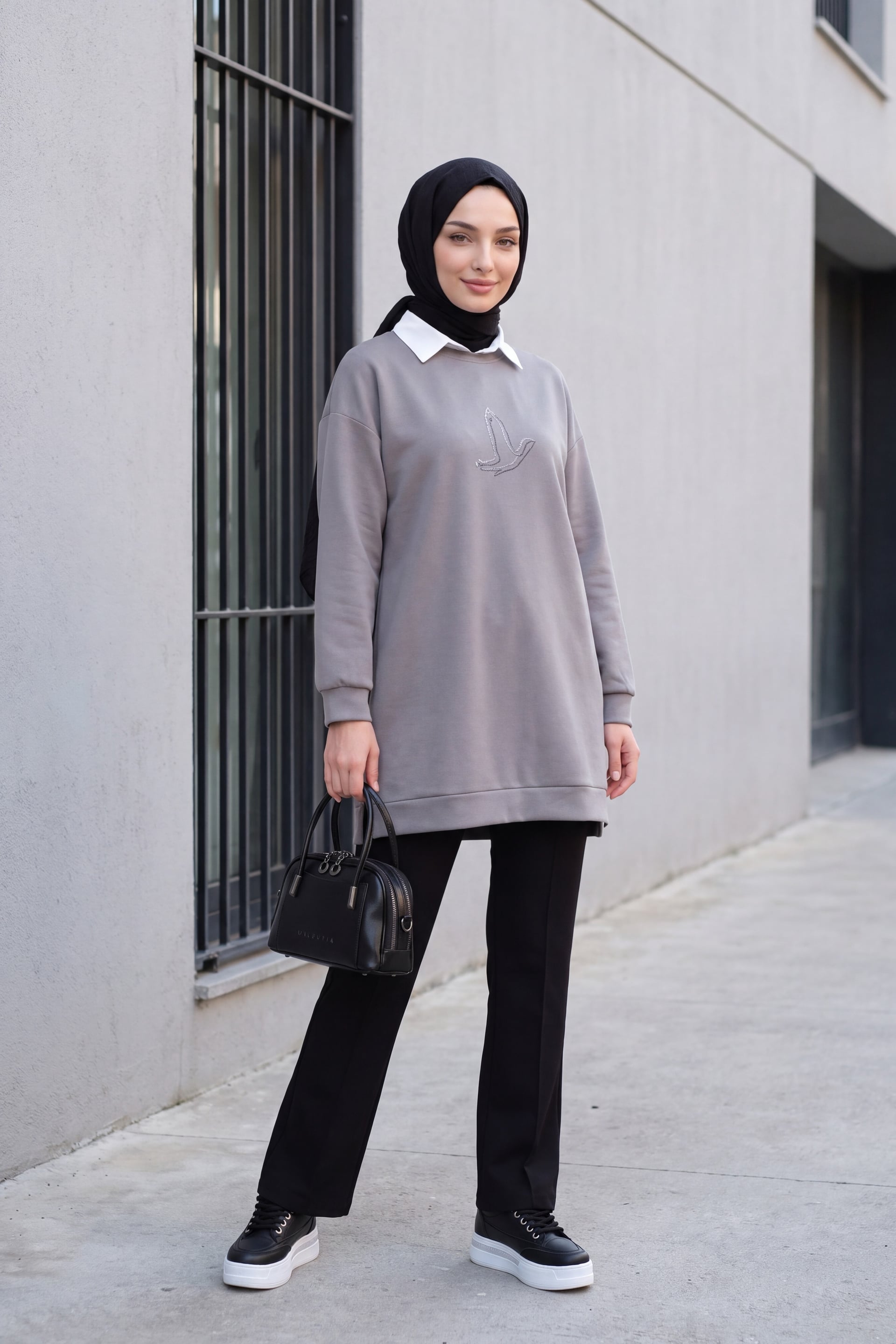 Grey Beaded Bird Motif Tunic with Collar - Podyumplus - by Peralane - photo 3