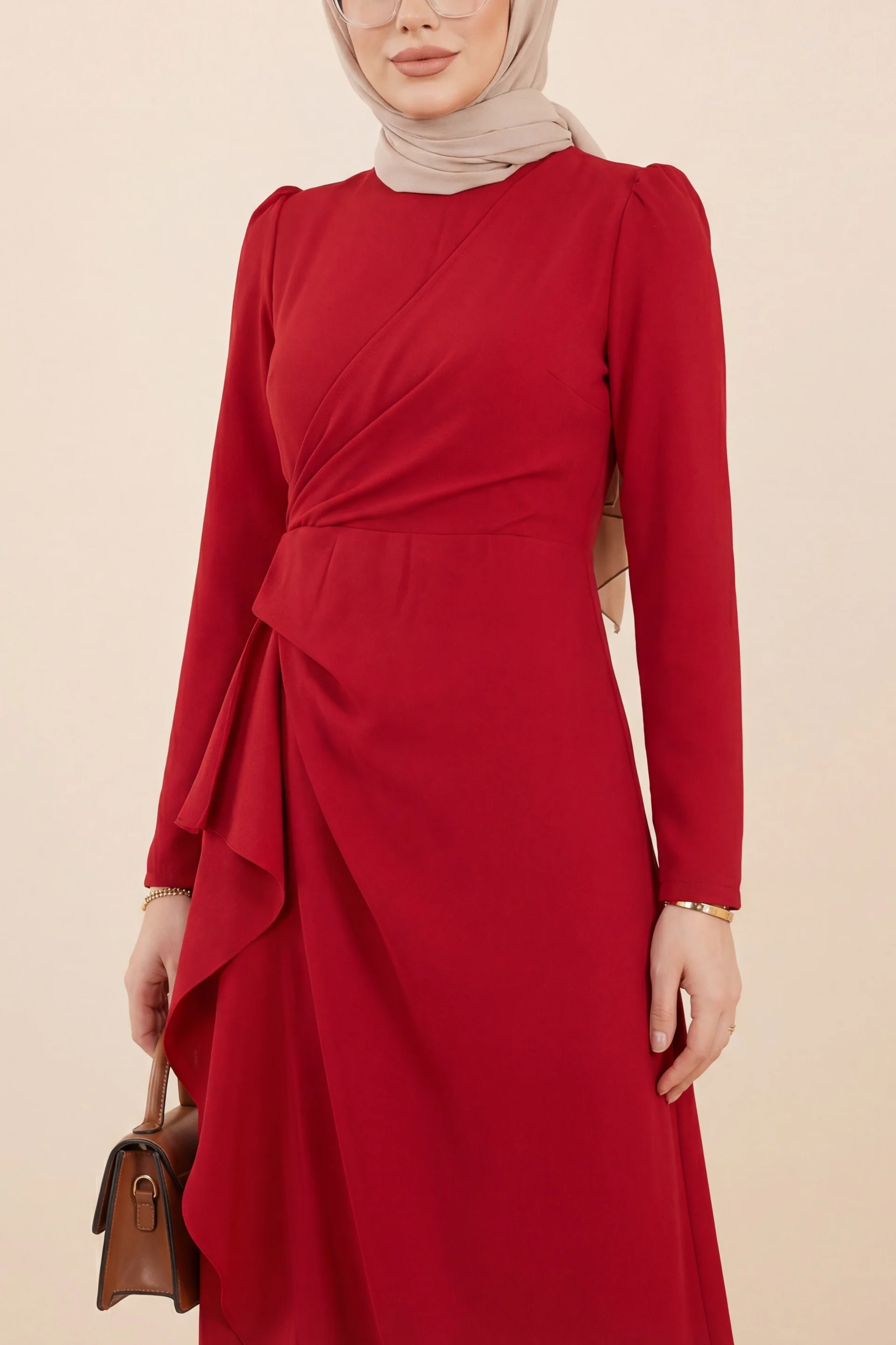 Burgundy Asymmetric Hem Crepe Dress with High Neck - Podyumplus - by Peralane - photo 6