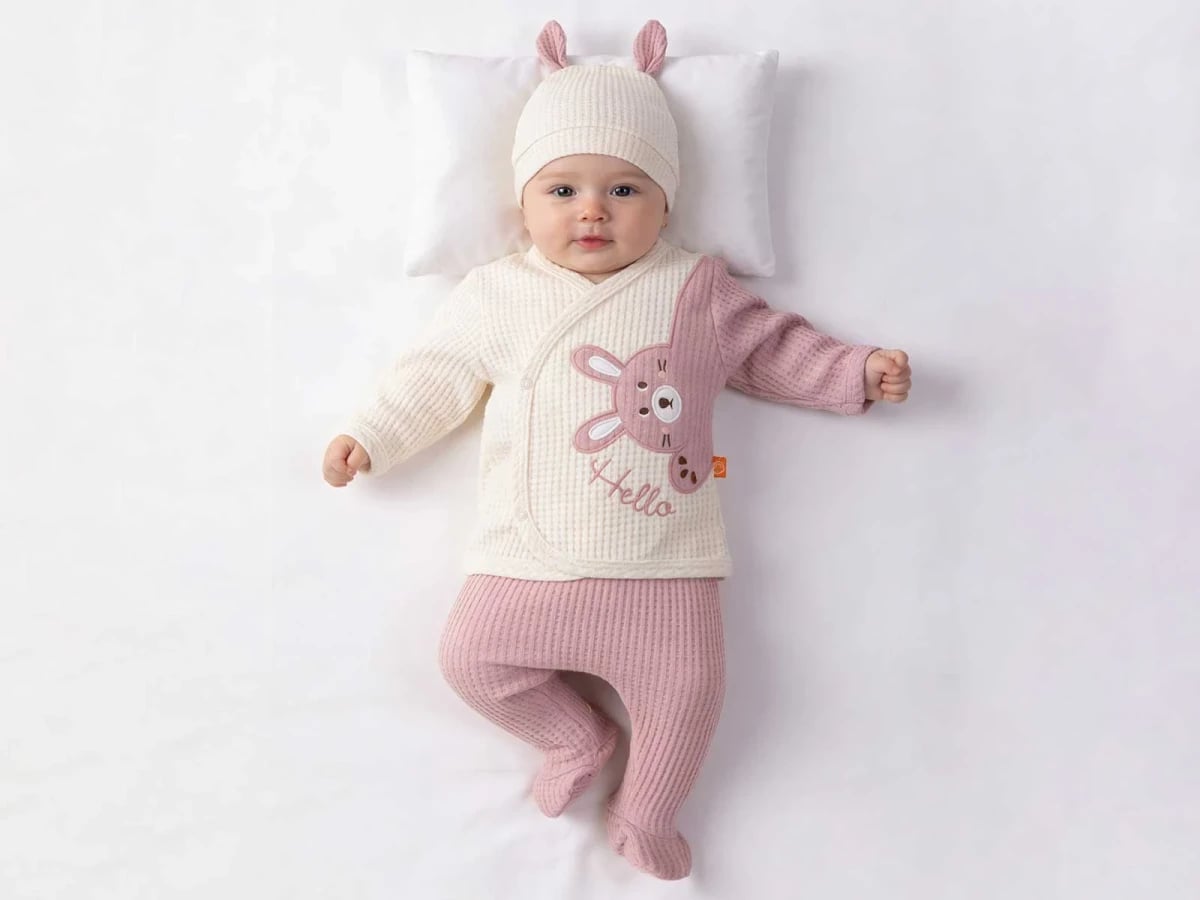 Baby Girl Newborn 5-Piece Hospital Exit Set with Bunny Embroidery - Dusty Pink - Beyaz Bebek - by Peralane