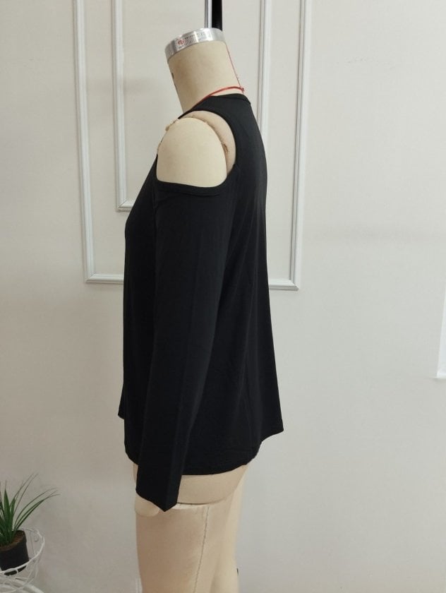 Women's Long-Sleeved V-Neck Cold-Shoulder Viscose Blouse - Black - Janes - by Peralane - photo 6