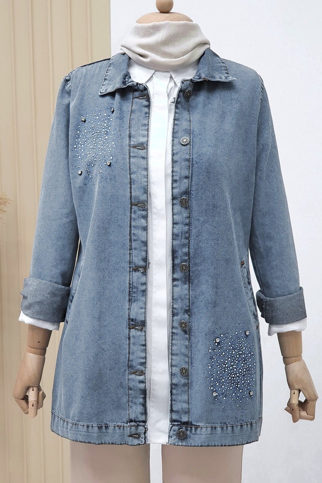 Stone Detail Double Pocket Denim Jacket - Ice Blue - Podyumplus - by Peralane - photo 6