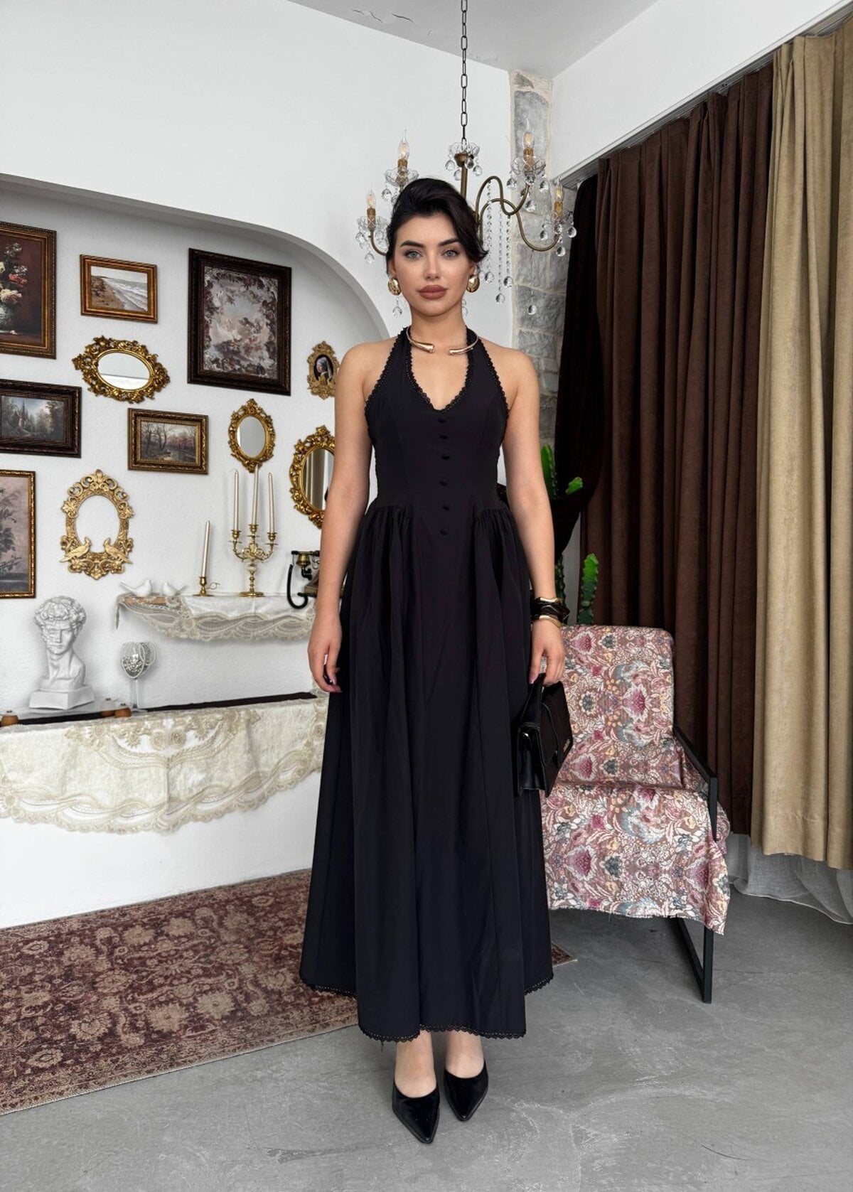 Black Sleeveless Halter Neck Smocked Dress with Bow Detail - Etika - by Peralane - photo 5