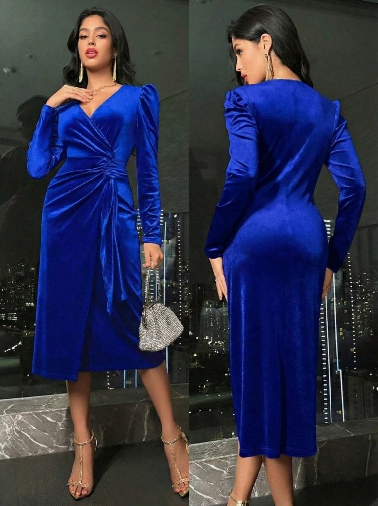 Women's Long Sleeve Wrap V-Neck Midi Velvet Dress with Side Ruched Detail - Janes - by Peralane - photo 4