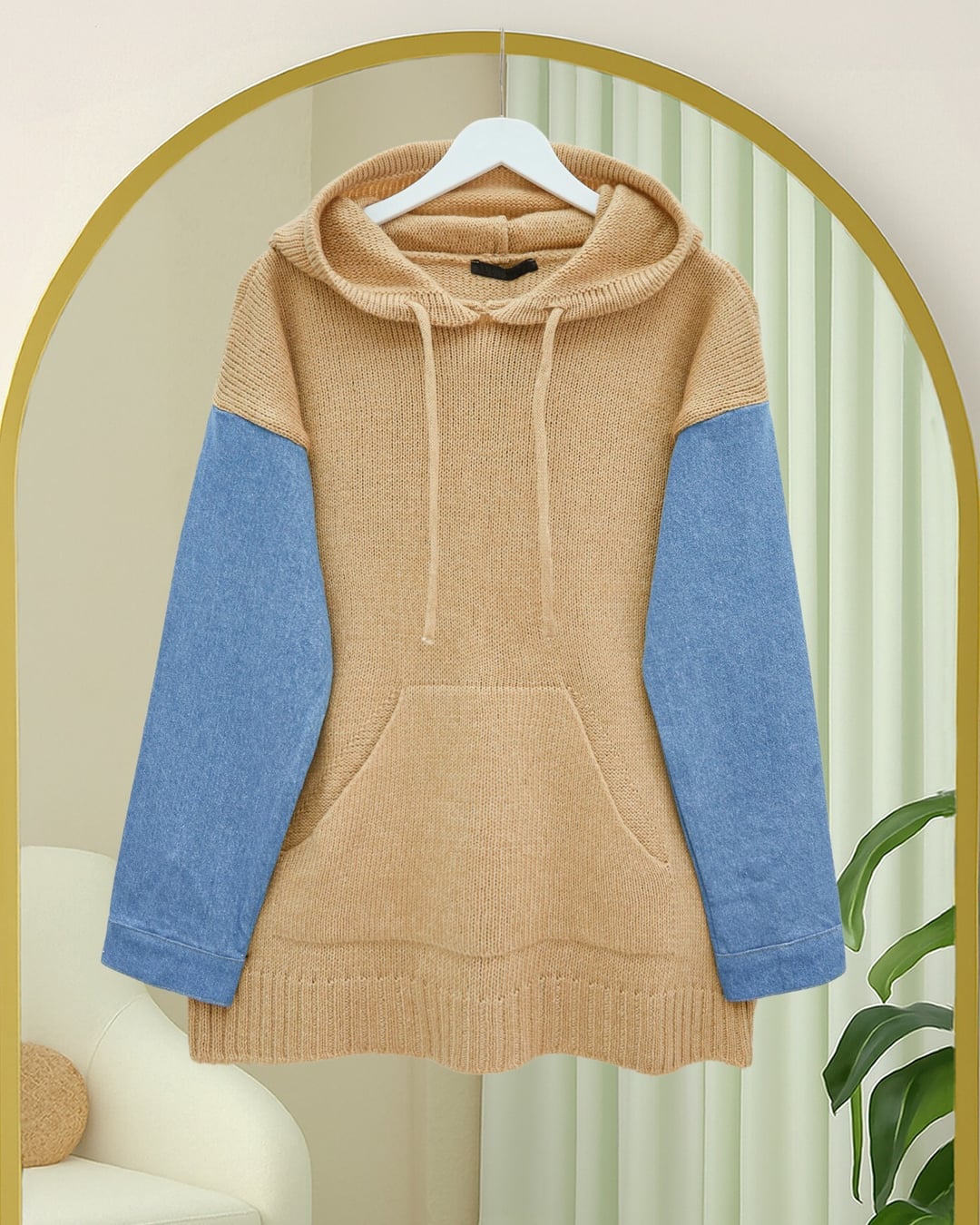Women's Hooded Knit Sweatshirt with Denim Sleeve Detail and Kangaroo Pocket - Beige - Podyumplus - by Peralane - photo 3
