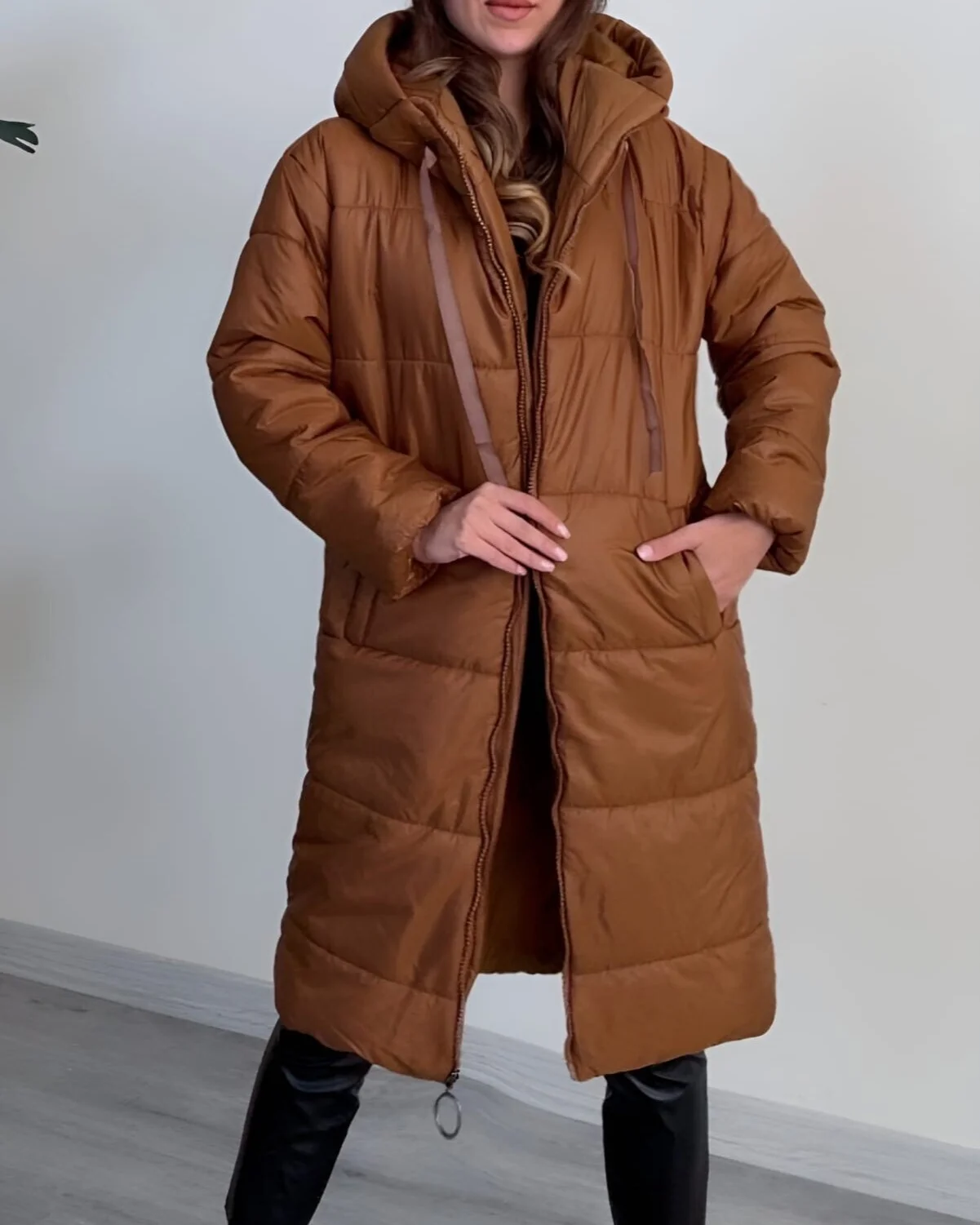 Women's Hooded Quilted Puffer Jacket with Drawstring - Brown - Podyumplus - by Peralane - photo 2