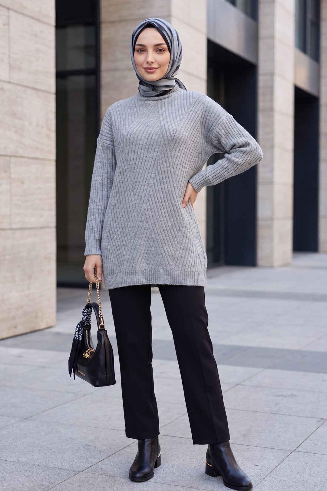 Diamond Pattern Knit Tunic - Grey - Podyumplus - by Peralane - photo 3
