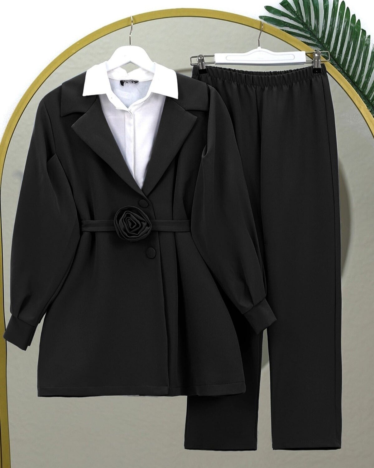 Belted Rose Detail Double-Breasted Jacket and Wide-Leg Trousers Set - Black - Podyumplus - by Peralane - photo 2