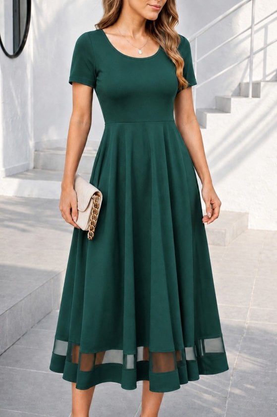 Women's Short-Sleeved Round Neck Tulle Detail Midi Crepe Dress - Janes - by Peralane