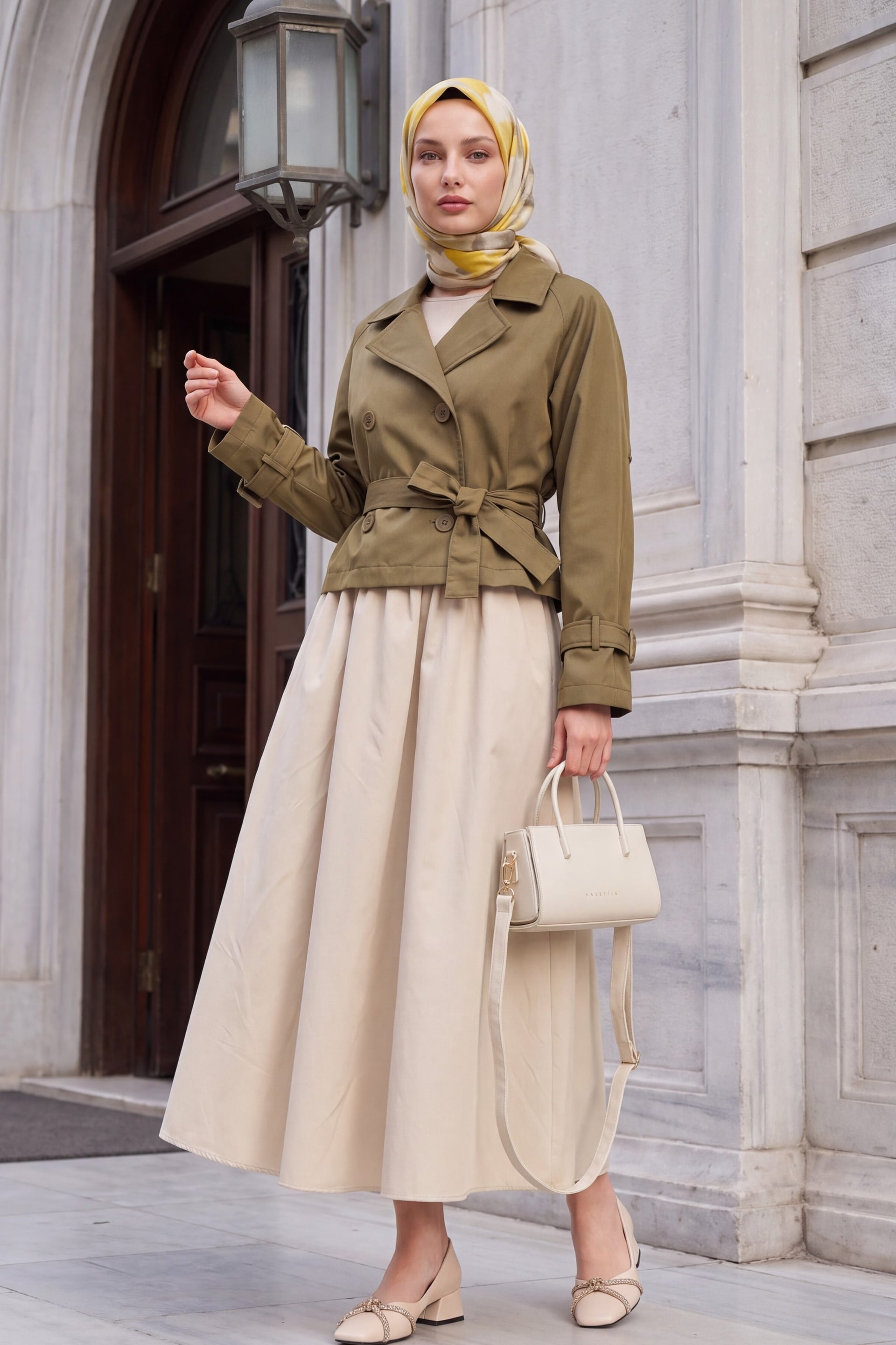 Women's Belted Short Trench Coat in Olive - Wholeskop - by Peralane - photo 5