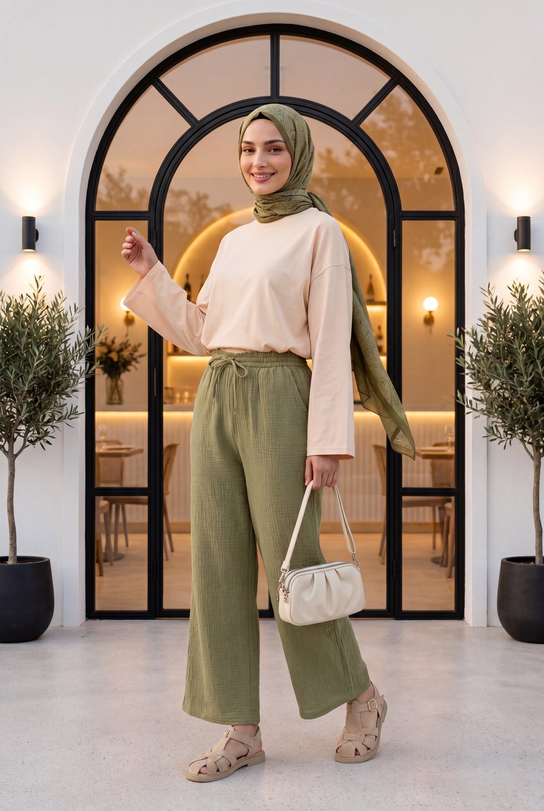 Drawstring Detail Pocket Waistband Elastic Muslin Trousers - Olive Green - Podyumplus - by Peralane - photo 2
