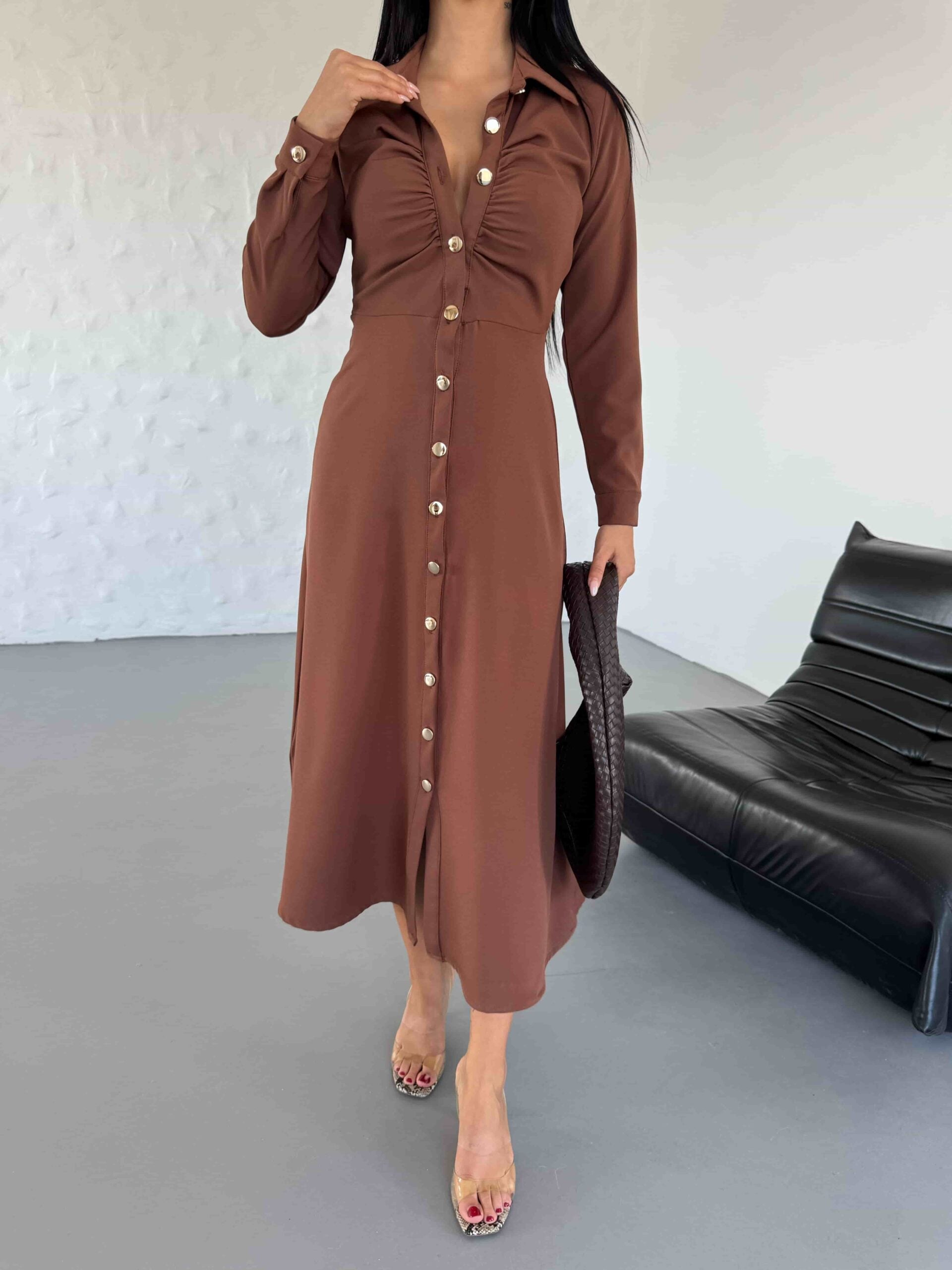 Women's Collared Midi Shirt Dress in Brown - My Bee - by Peralane - photo 2