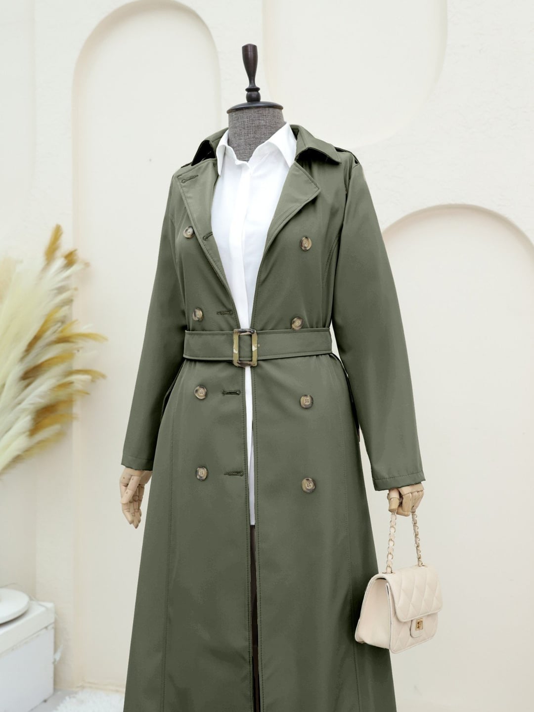 Double-Breasted Belted Trench Coat - Olive Green - Podyumplus - by Peralane - photo 10