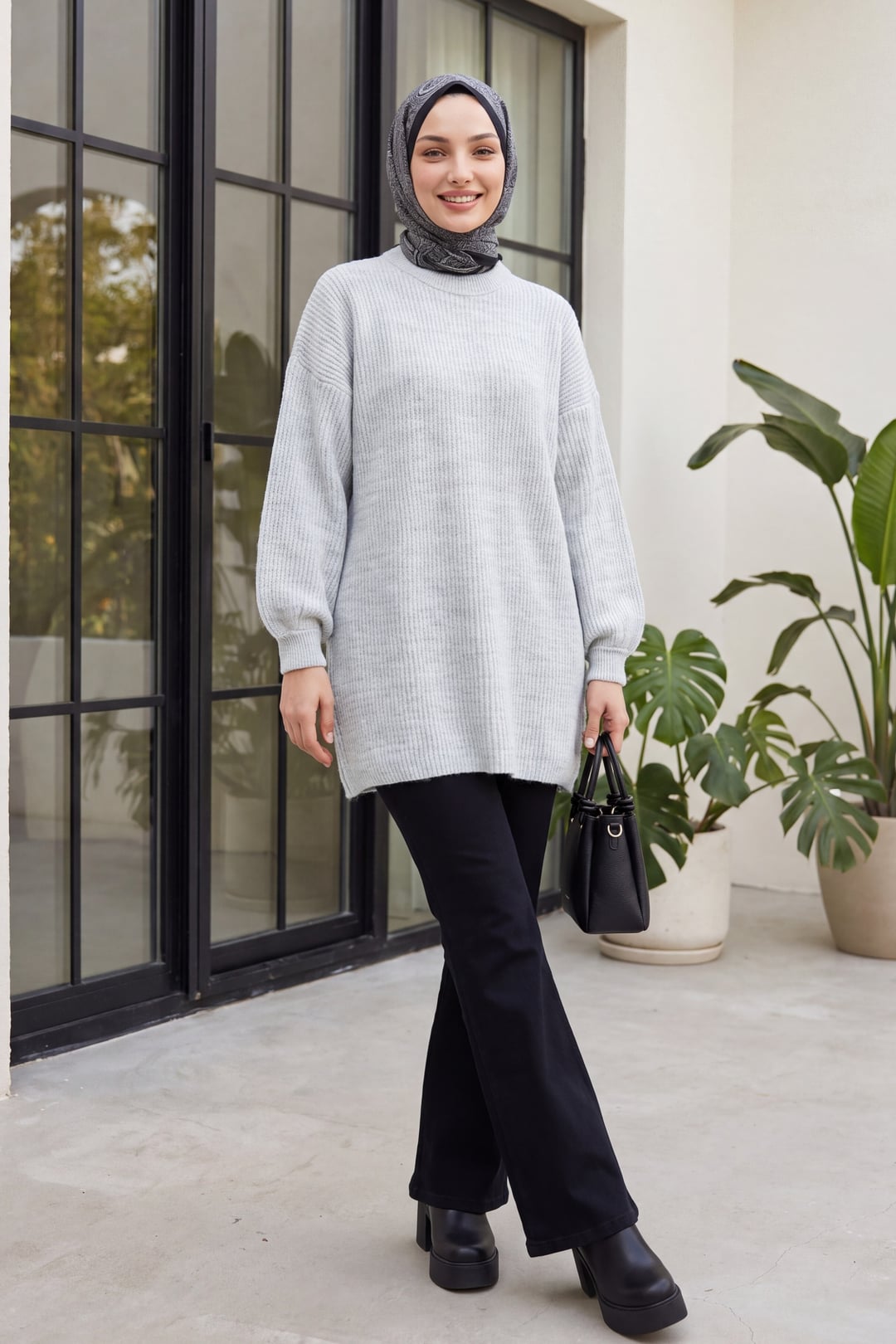 Round Neck Loose Knit Tunic - Light Grey - Podyumplus - by Peralane - photo 3