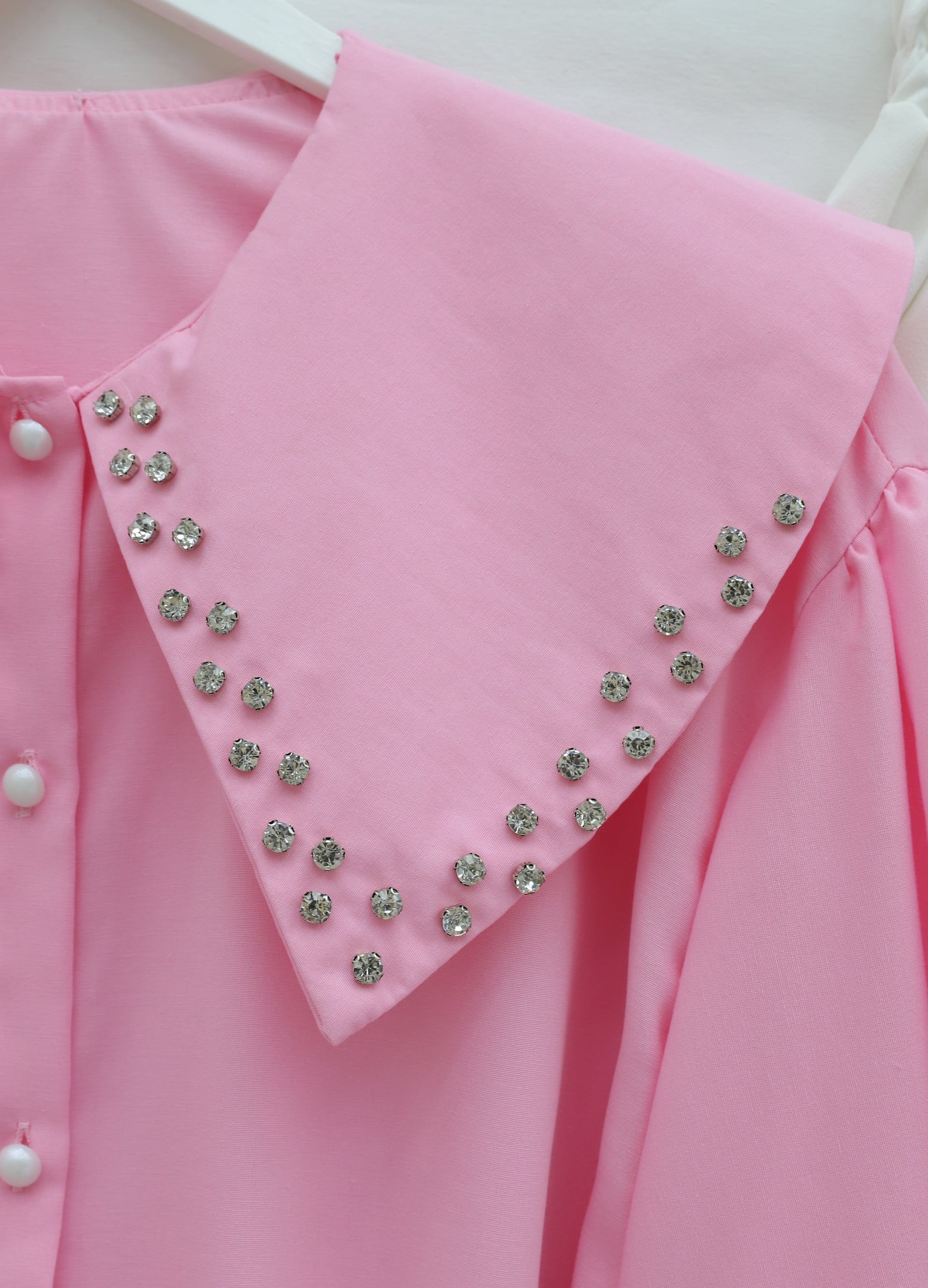 Wide Collar Rhinestone Buttoned Tie Blouse - Pink - Podyumplus - by Peralane - photo 5