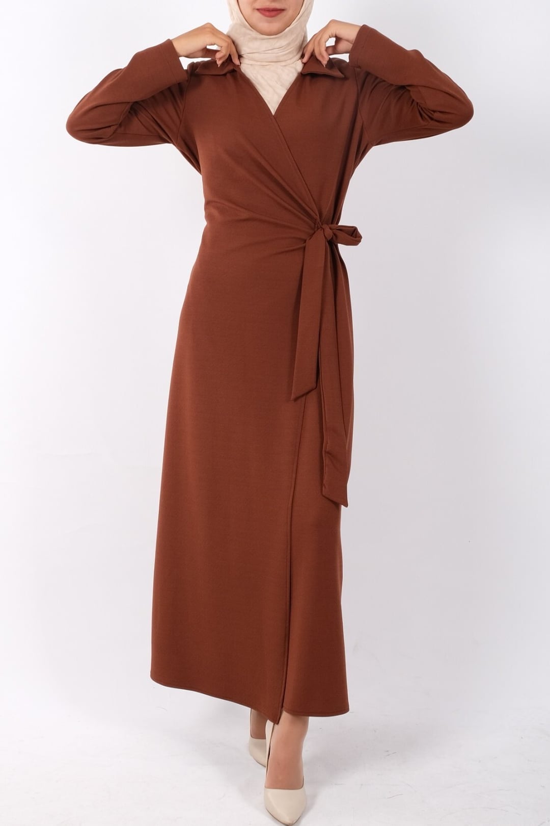 Women's Solid Brown Double-Layer Wrap Dress with Side Tie - Podyumplus - by Peralane - photo 2