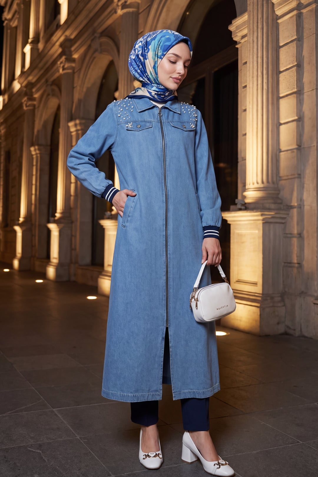 Longline Zip-Up Denim Jacket with Pearl Shoulder Detail - Light Blue - Podyumplus - by Peralane - photo 4