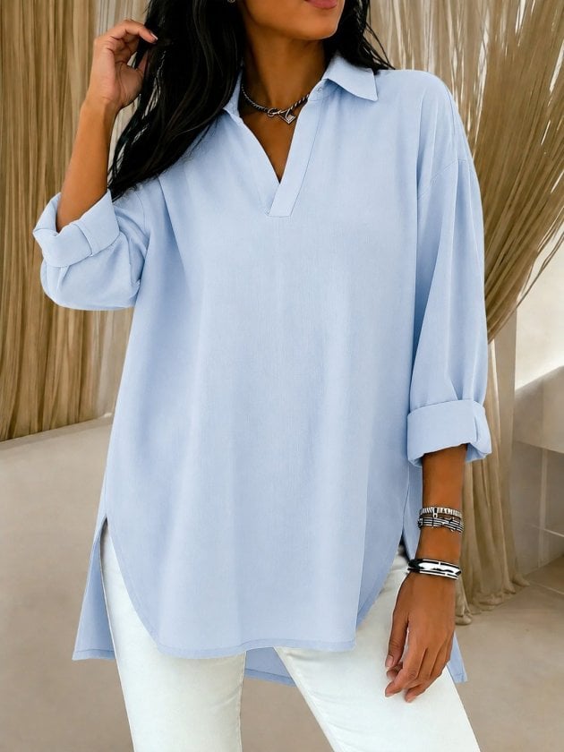 Women's Light Blue Casual Blouse with Cuffed Three-Quarter Sleeves - Janes - by Peralane - photo 3