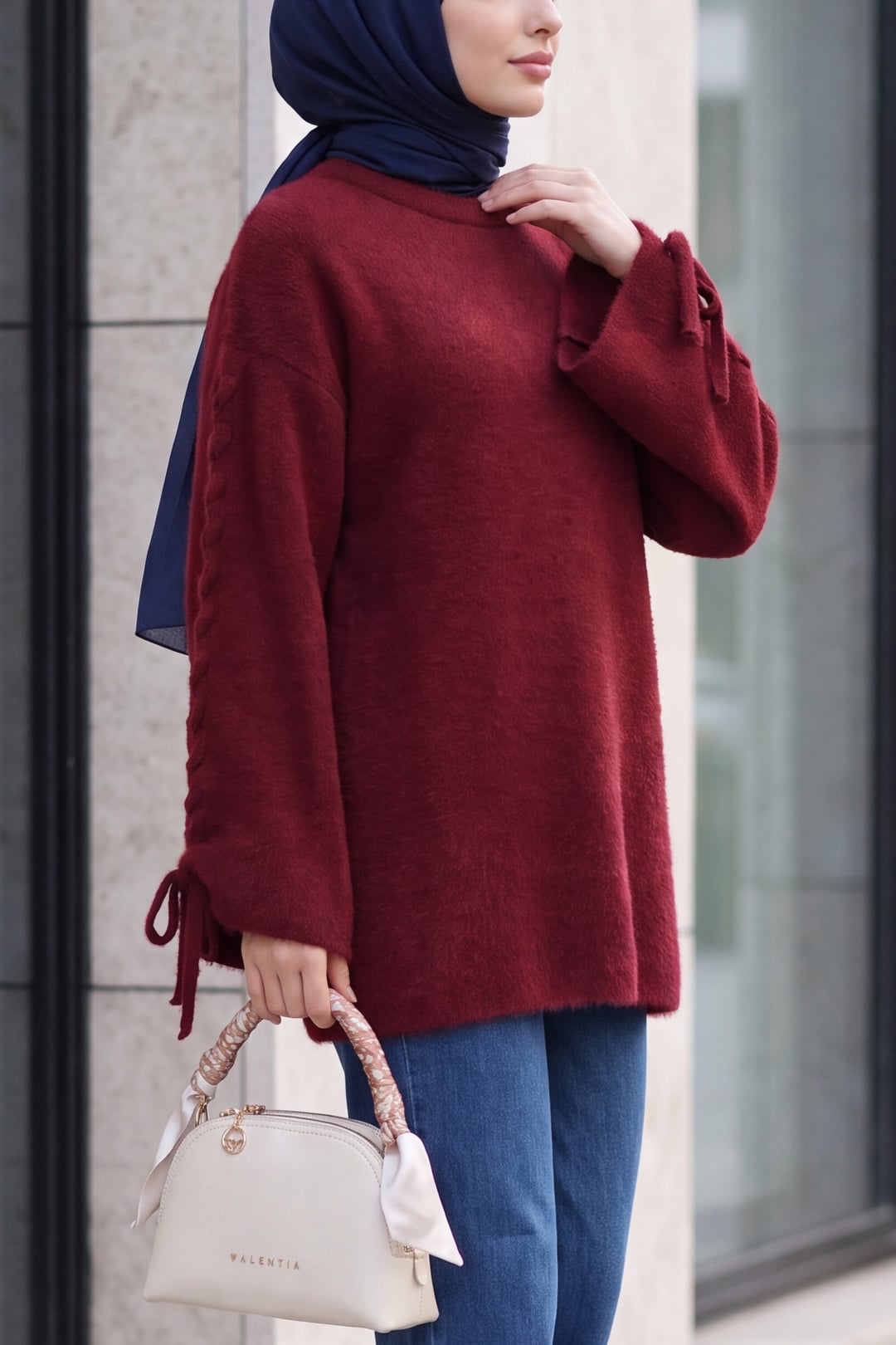 Burgundy Cable-Knit Biker Neck Tunic Sweater with Braided Sleeve Details - Podyumplus - by Peralane
