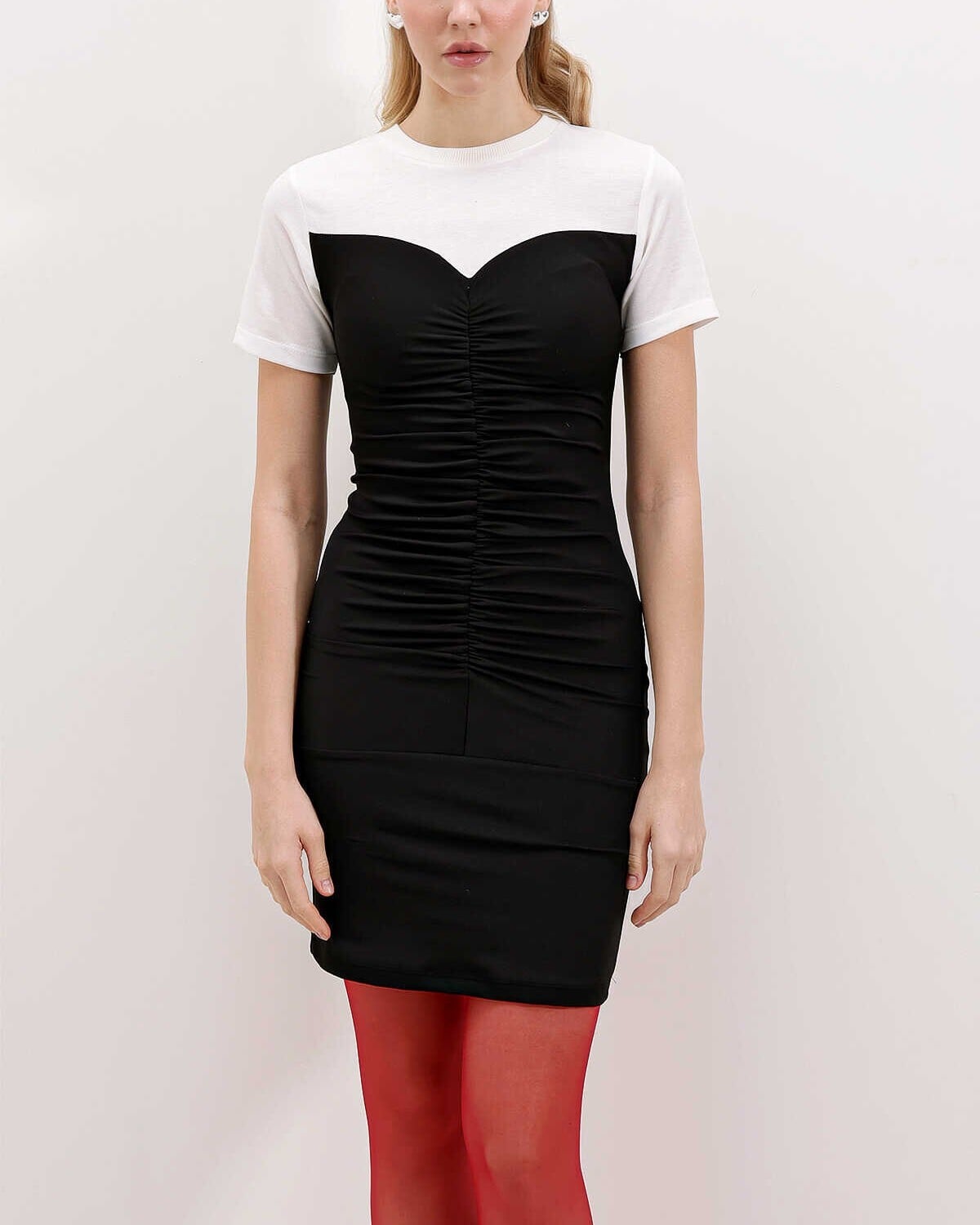 Black and White Colorblock Ruching Mini Dress - Bigdart - by Peralane