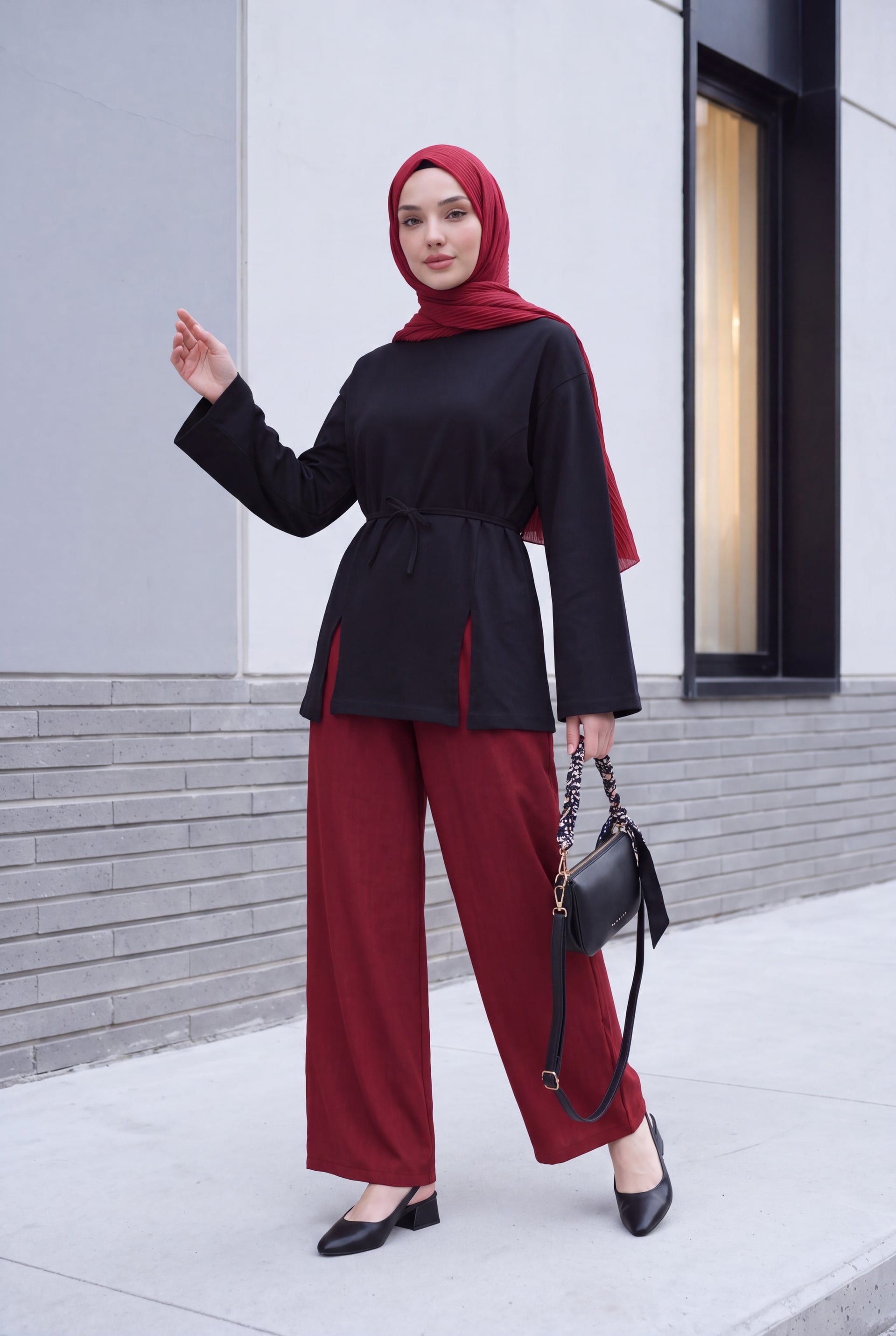Tie-Waist Slit Jersey Tunic - Black - Podyumplus - by Peralane - photo 2