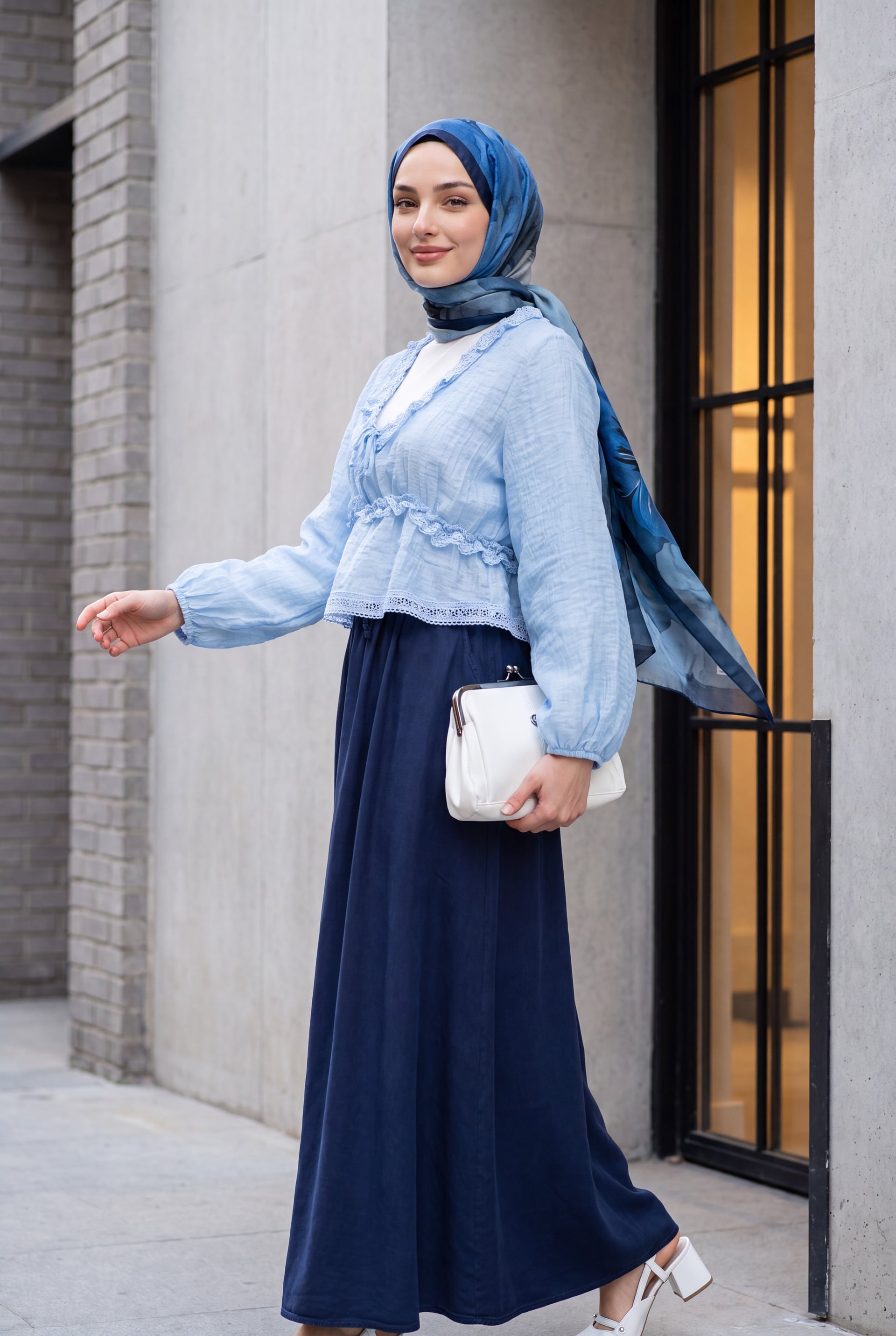 Balloon Sleeve Lace Trim Elastic Waist Viscose Blouse - Baby Blue - Podyumplus - by Peralane - photo 4